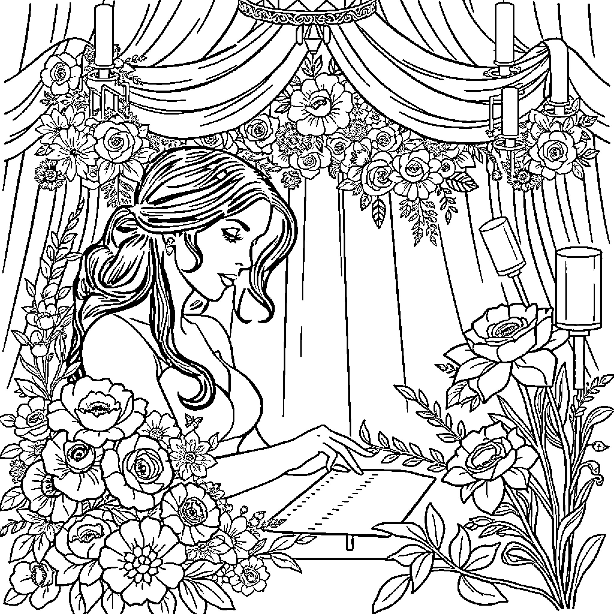 Woman reading a book surrounded by floral decor Coloring Page (free black-and-white line drawing printable PDF for all, from beginners to advanced learners, including children, teens, adults, and seniors)