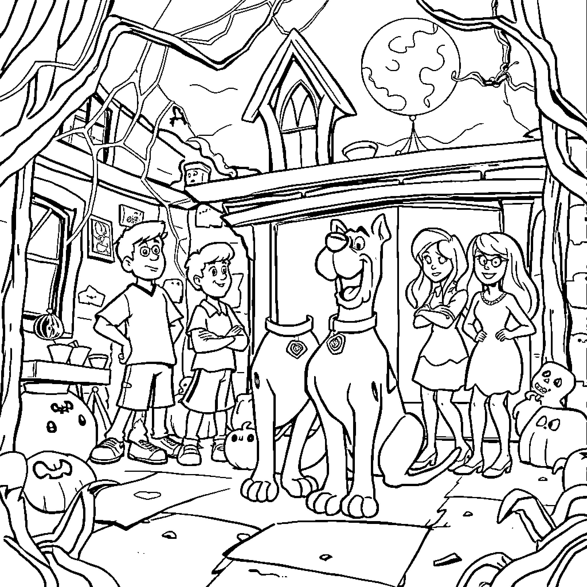 Scooby Doo and the Gang Exploring a Haunted House Coloring Page (free black-and-white line drawing printable PDF for all, from beginners to advanced learners, including children, teens, adults, and seniors)