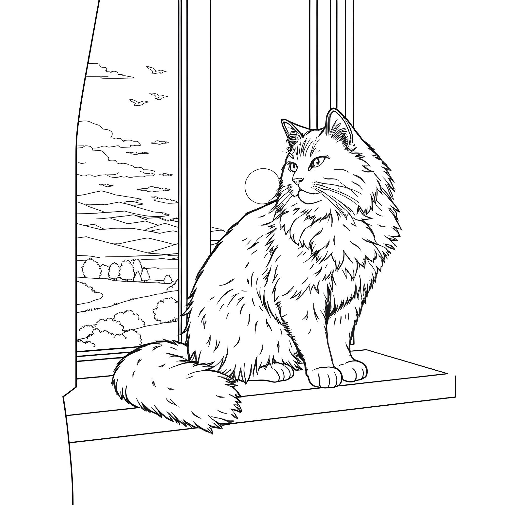 Siberian Cat Gazing Through Window Coloring Page (free black-and-white line drawing printable PDF for all, from beginners to advanced learners, including children, teens, adults, and seniors)