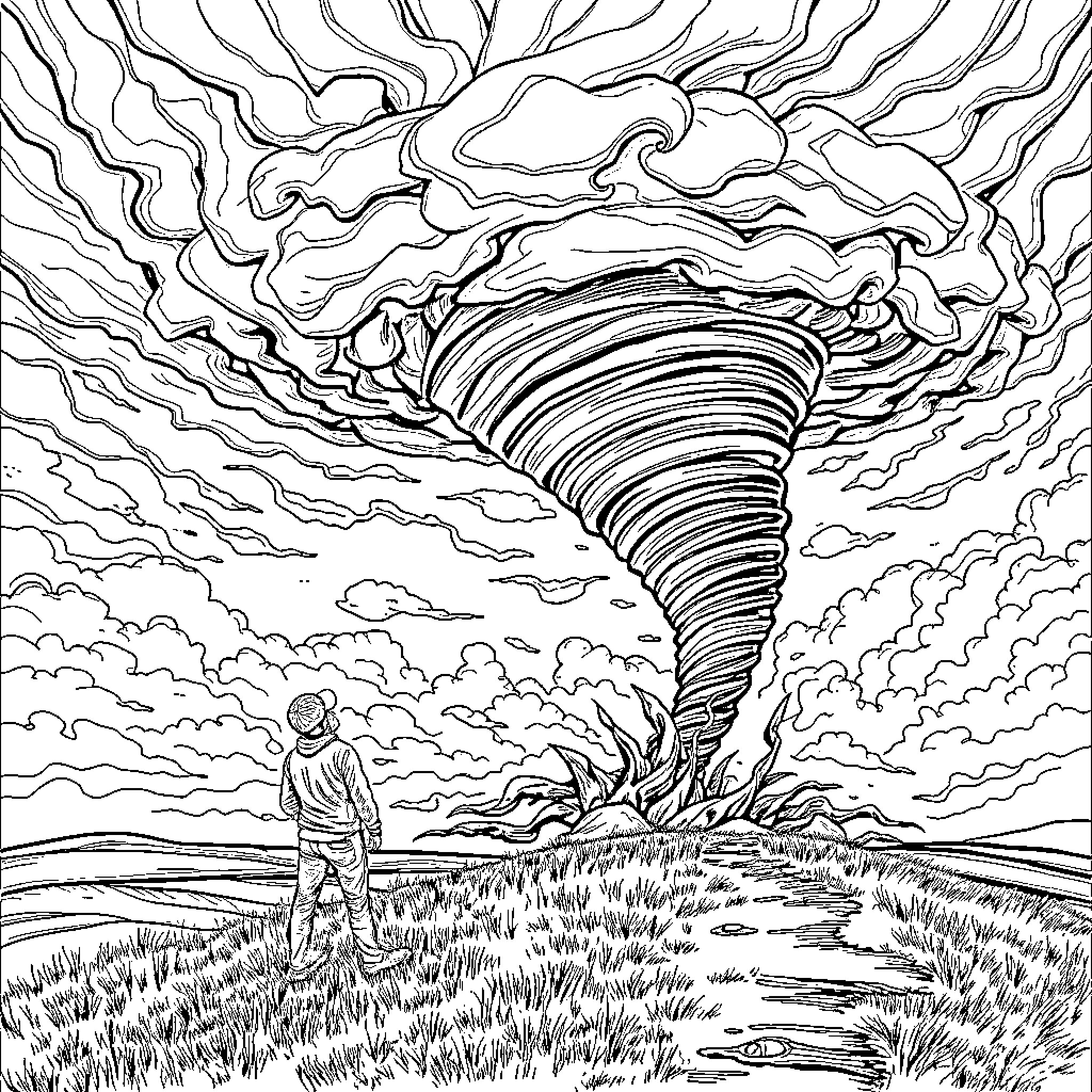 Tornado Forming in Stormy Landscape Coloring Page (free black-and-white line drawing printable PDF for all, from beginners to advanced learners, including children, teens, adults, and seniors)