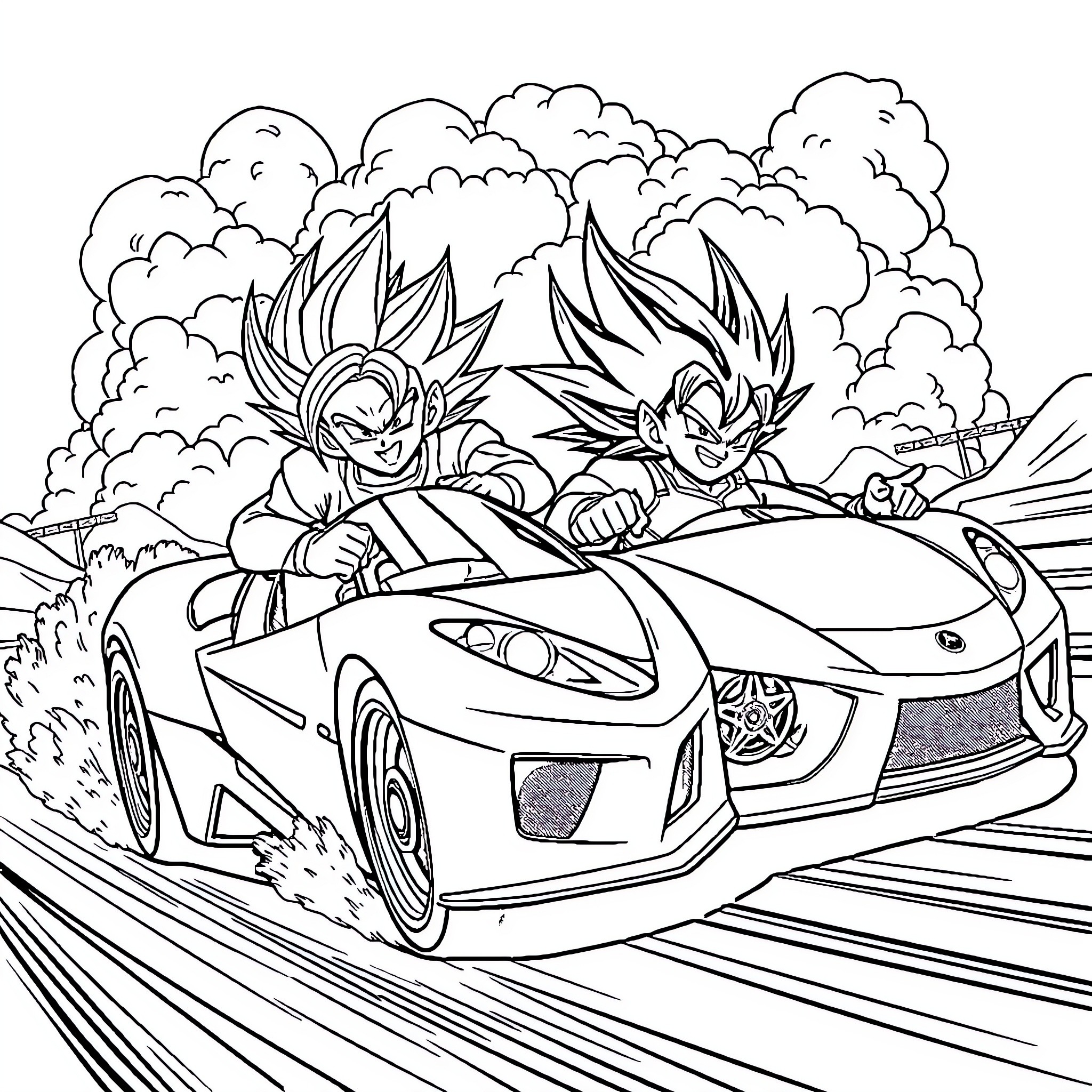 Car with Anime Characters Racing on Winding Road Coloring Page (free black-and-white line drawing printable PDF for all, from beginners to advanced learners, including children, teens, adults, and seniors)