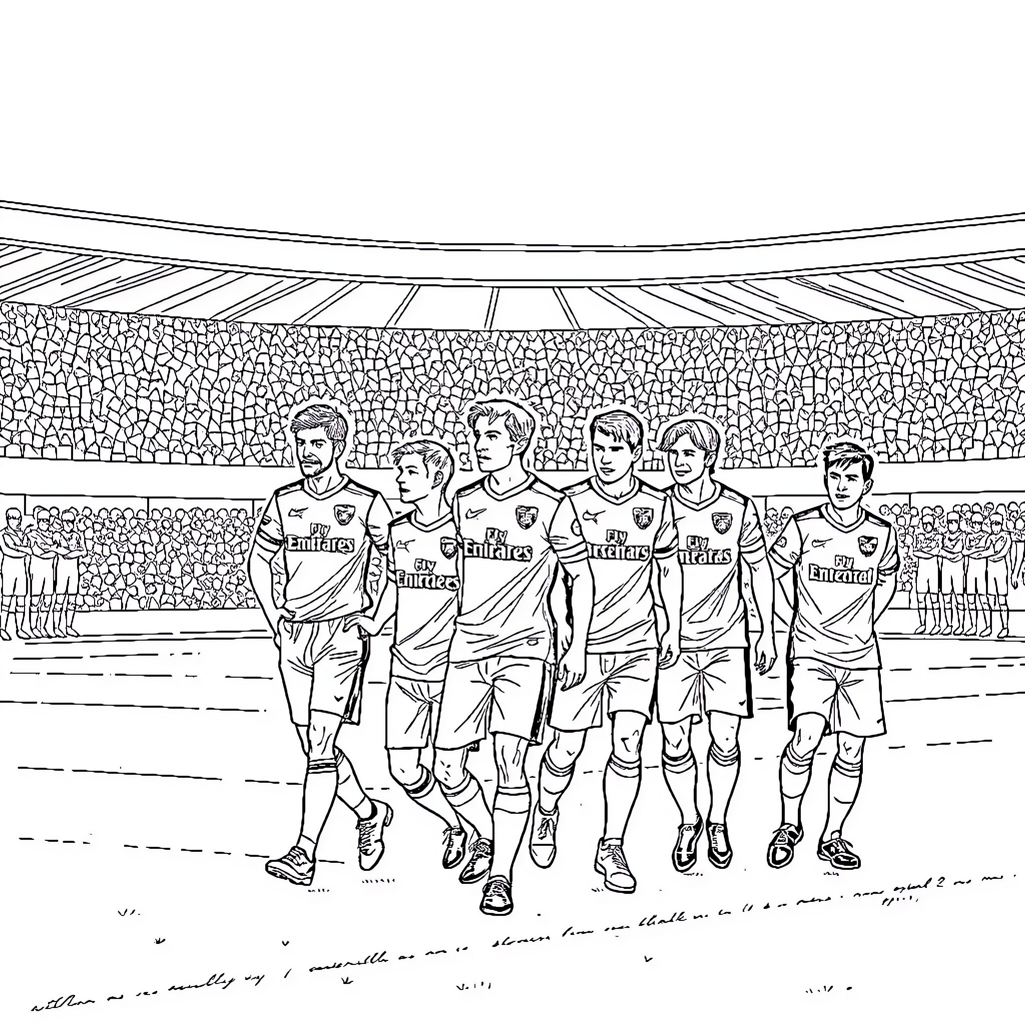 Arsenal Players on the Field in Action Coloring Page (free black-and-white line drawing printable PDF for all, from beginners to advanced learners, including children, teens, adults, and seniors)