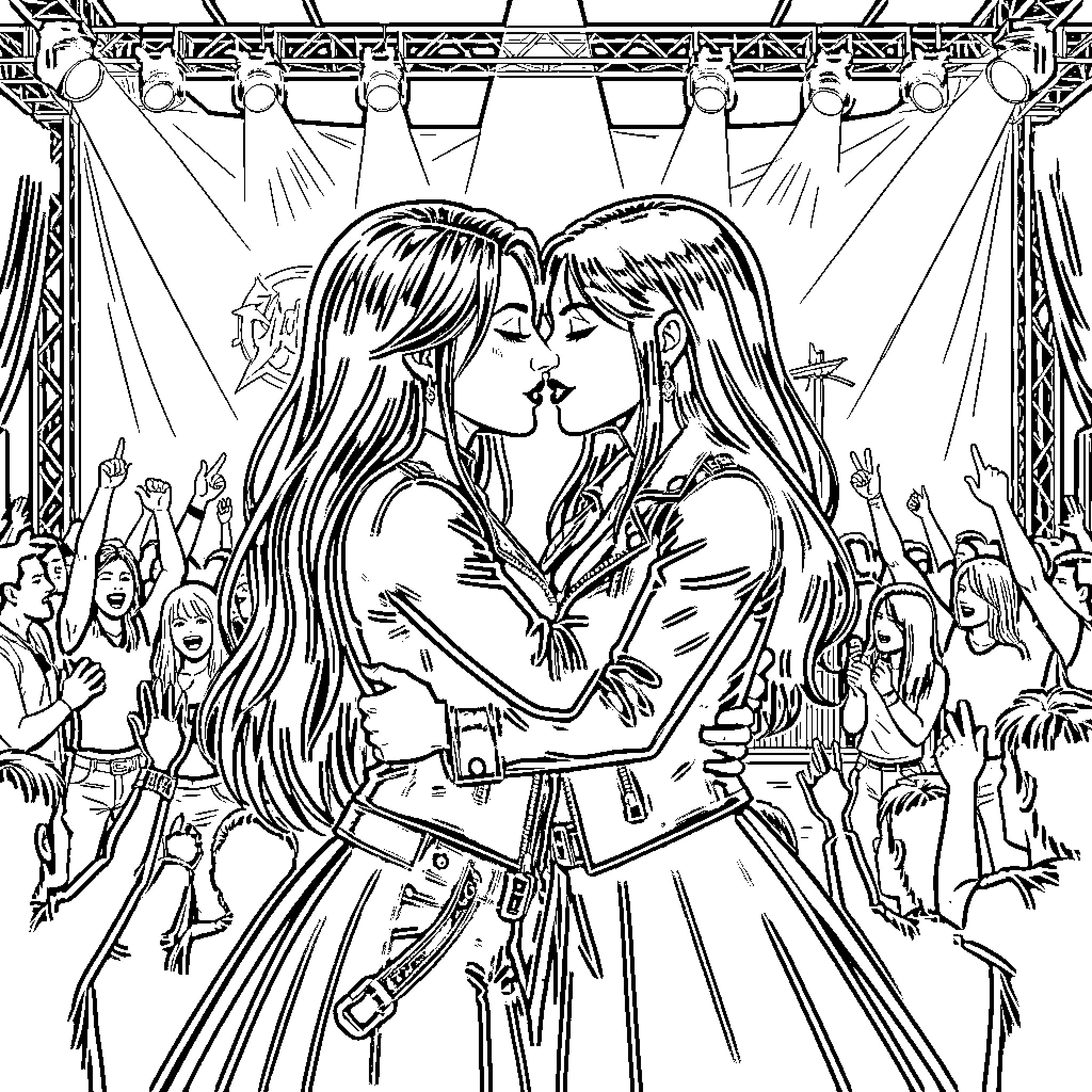 Pareja celebrando en un escenario lleno de gente Coloring Page (free black-and-white line drawing printable PDF for all, from beginners to advanced learners, including children, teens, adults, and seniors)