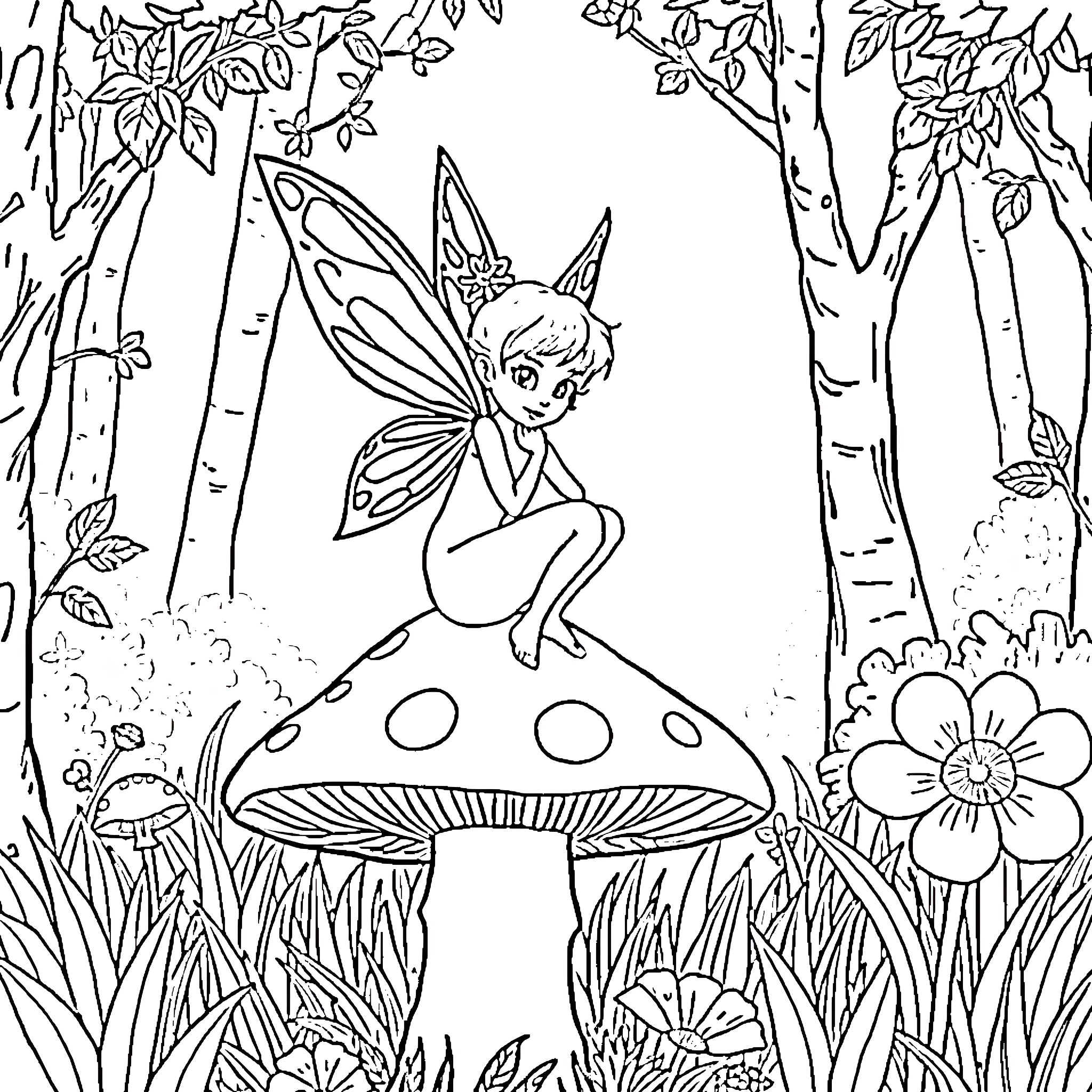 Fairy exploring the magical forest Coloring Page (free black-and-white line drawing printable PDF for all, from beginners to advanced learners, including children, teens, adults, and seniors)