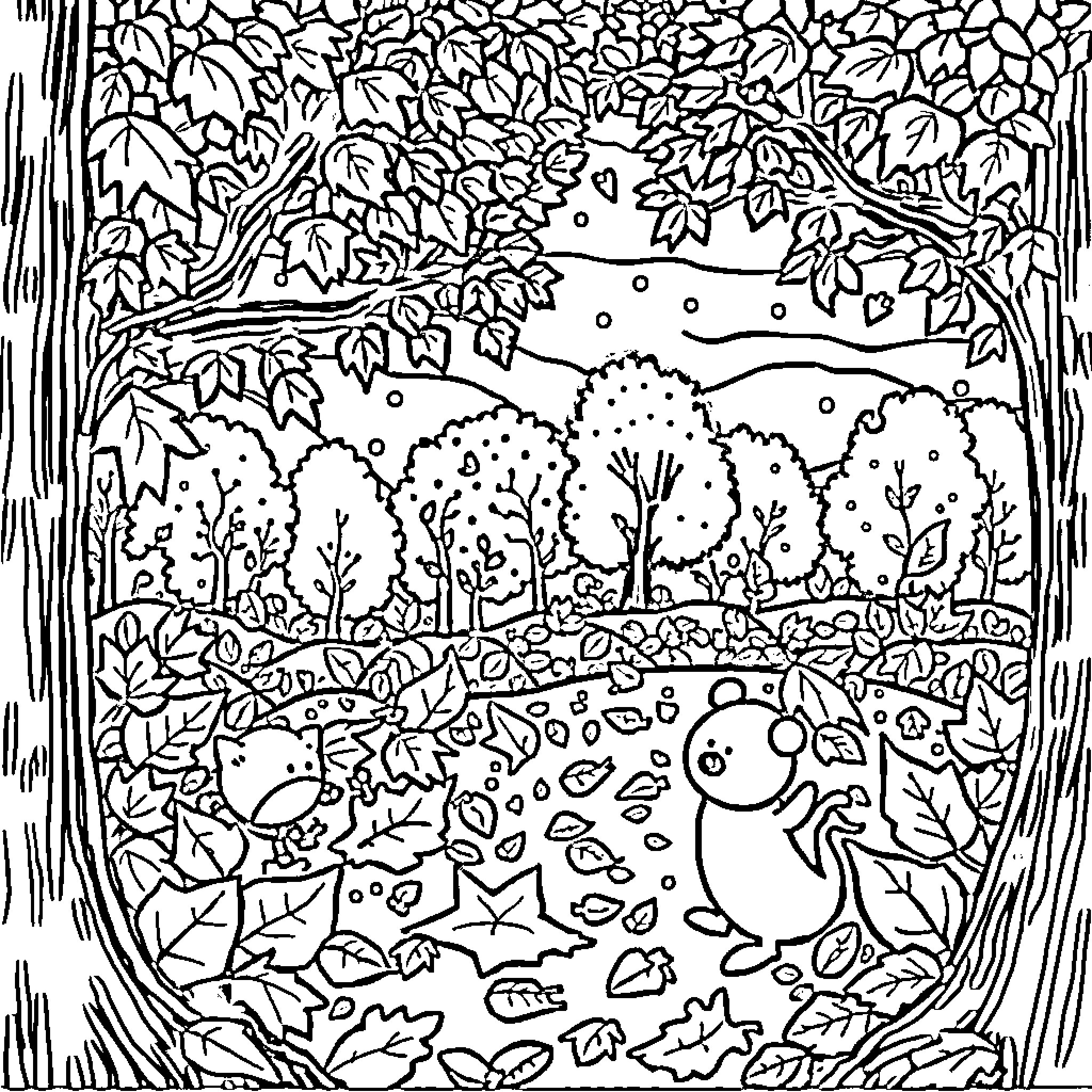 Cartoon Animals Exploring Lush Forest Landscape Coloring Page (free black-and-white line drawing printable PDF for all, from beginners to advanced learners, including children, teens, adults, and seniors)