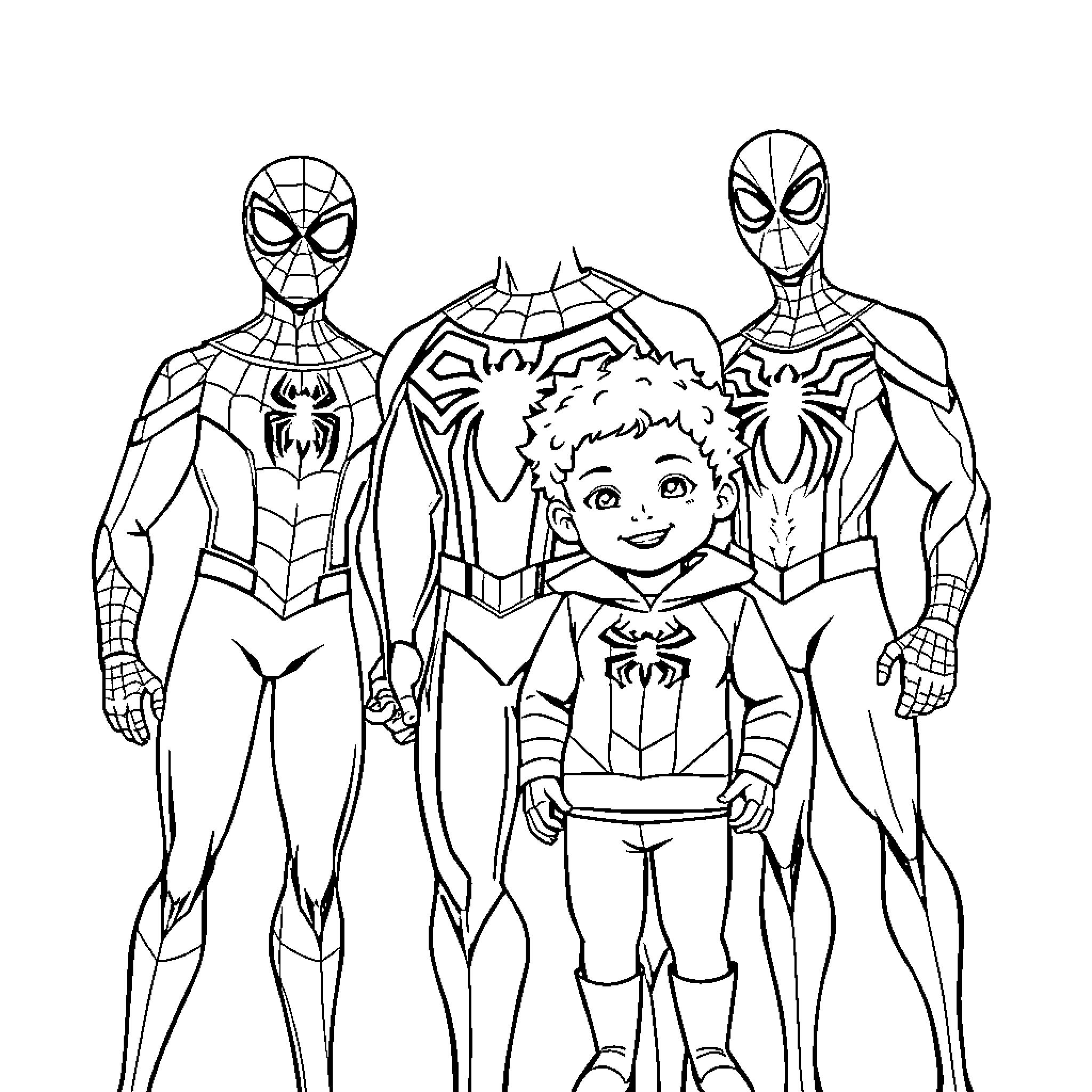 Spidey heroes on an adventure with a young companion Coloring Page (free black-and-white line drawing printable PDF for all, from beginners to advanced learners, including children, teens, adults, and seniors)