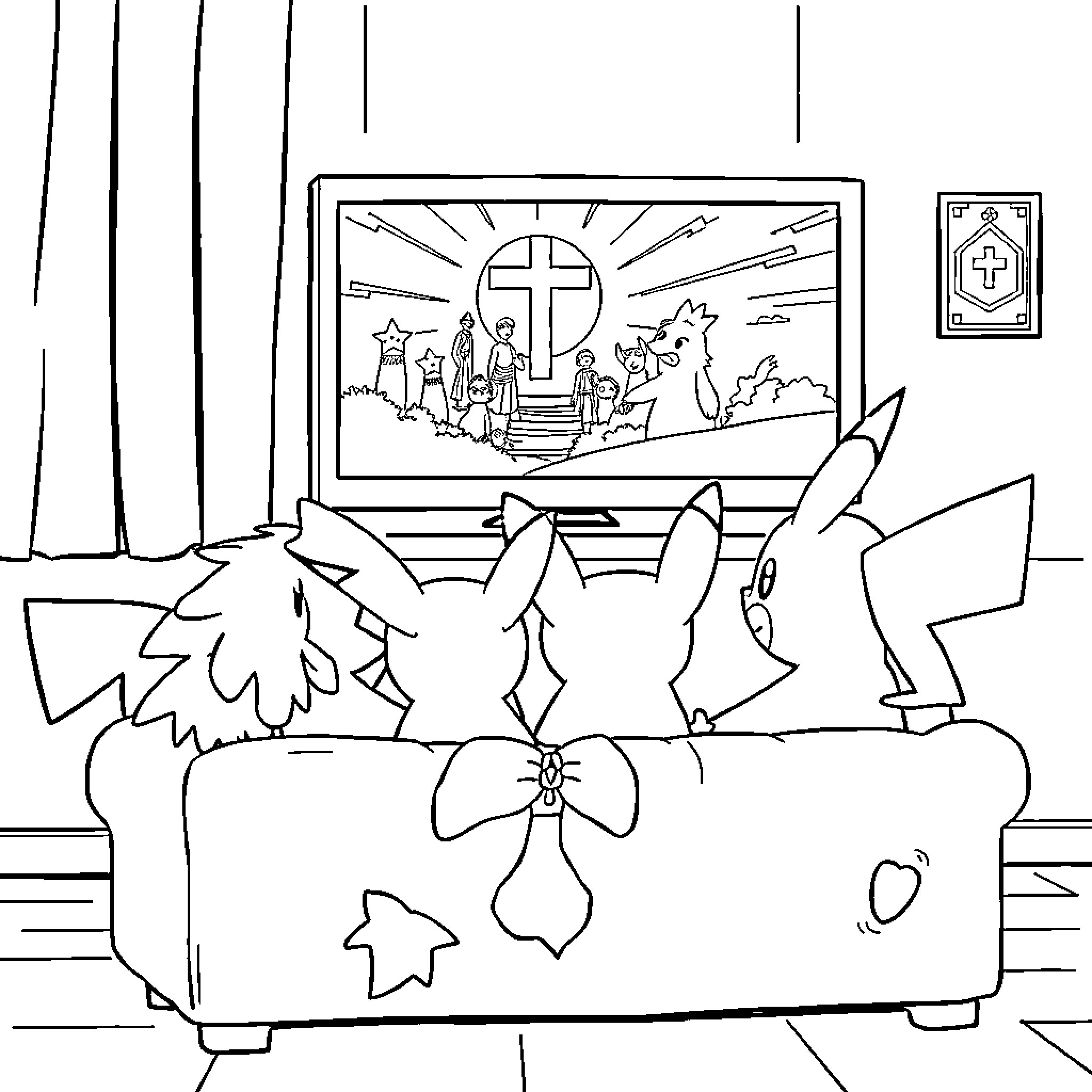Pokémon Watching Religious Imagery on TV Coloring Page (free black-and-white line drawing printable PDF for all, from beginners to advanced learners, including children, teens, adults, and seniors)