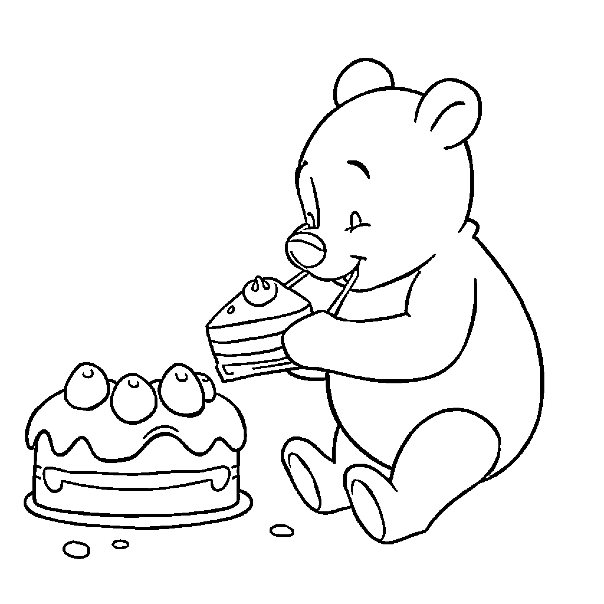 Winnie enjoying a delightful cake Coloring Page (free black-and-white line drawing printable PDF for all, from beginners to advanced learners, including children, teens, adults, and seniors)