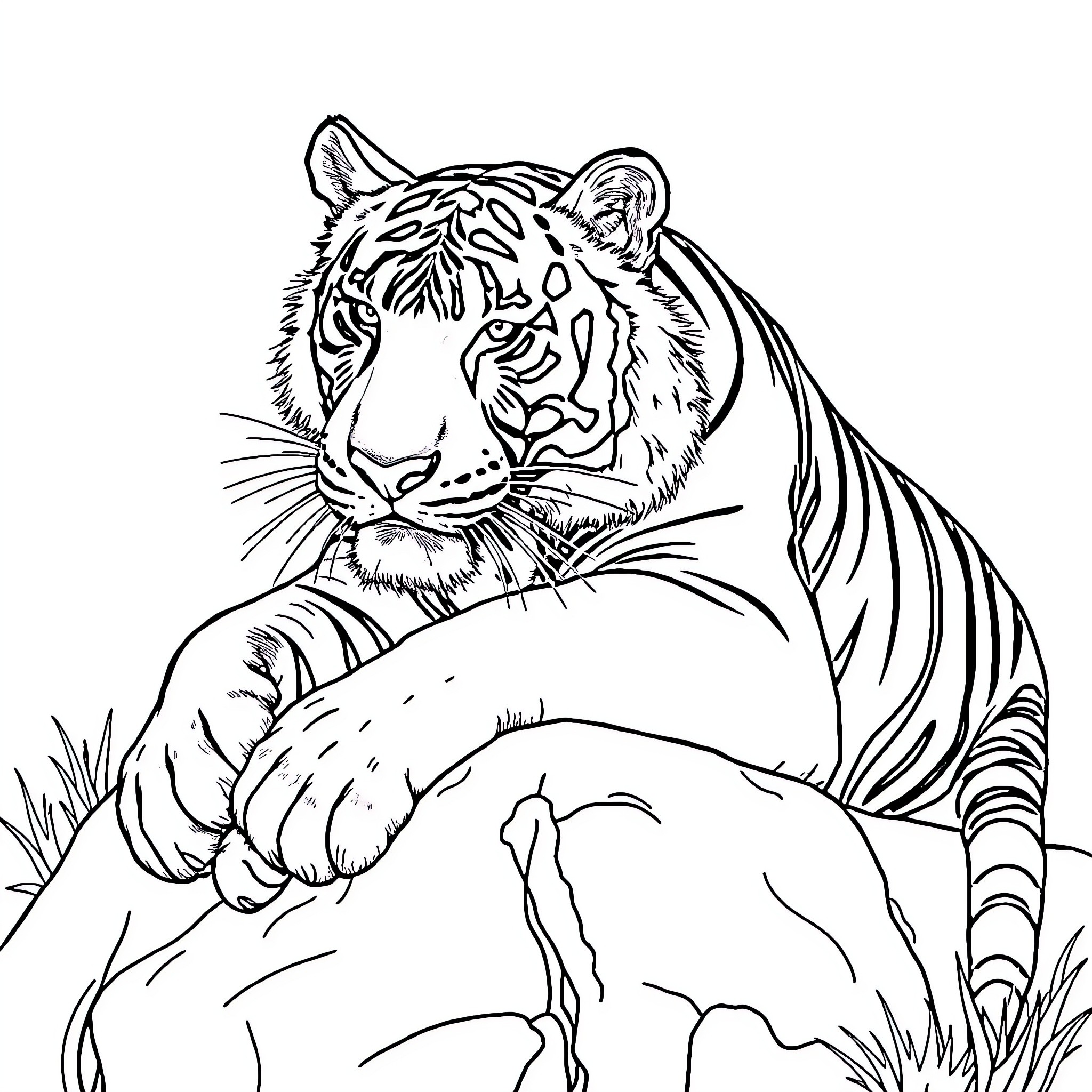 Tiger Resting Peacefully in the Wild Coloring Page (free black-and-white line drawing printable PDF for all, from beginners to advanced learners, including children, teens, adults, and seniors)