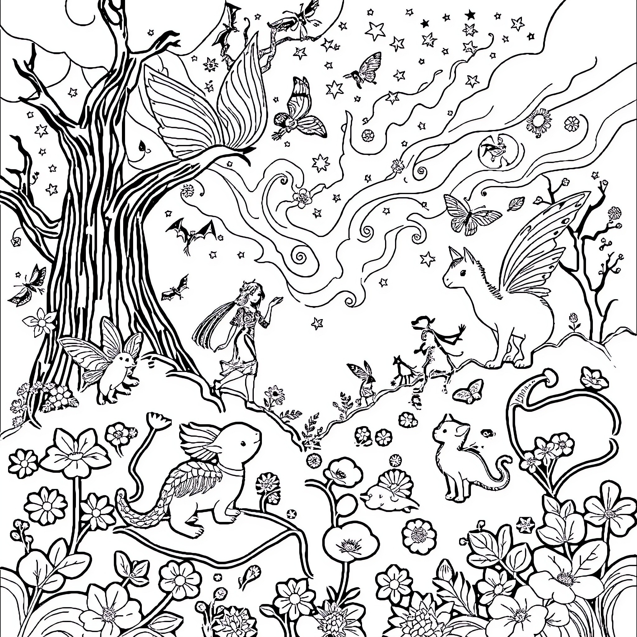 Fairy Tale Forest Filled with Magical Creatures Coloring Page (free black-and-white line drawing printable PDF for all, from beginners to advanced learners, including children, teens, adults, and seniors)