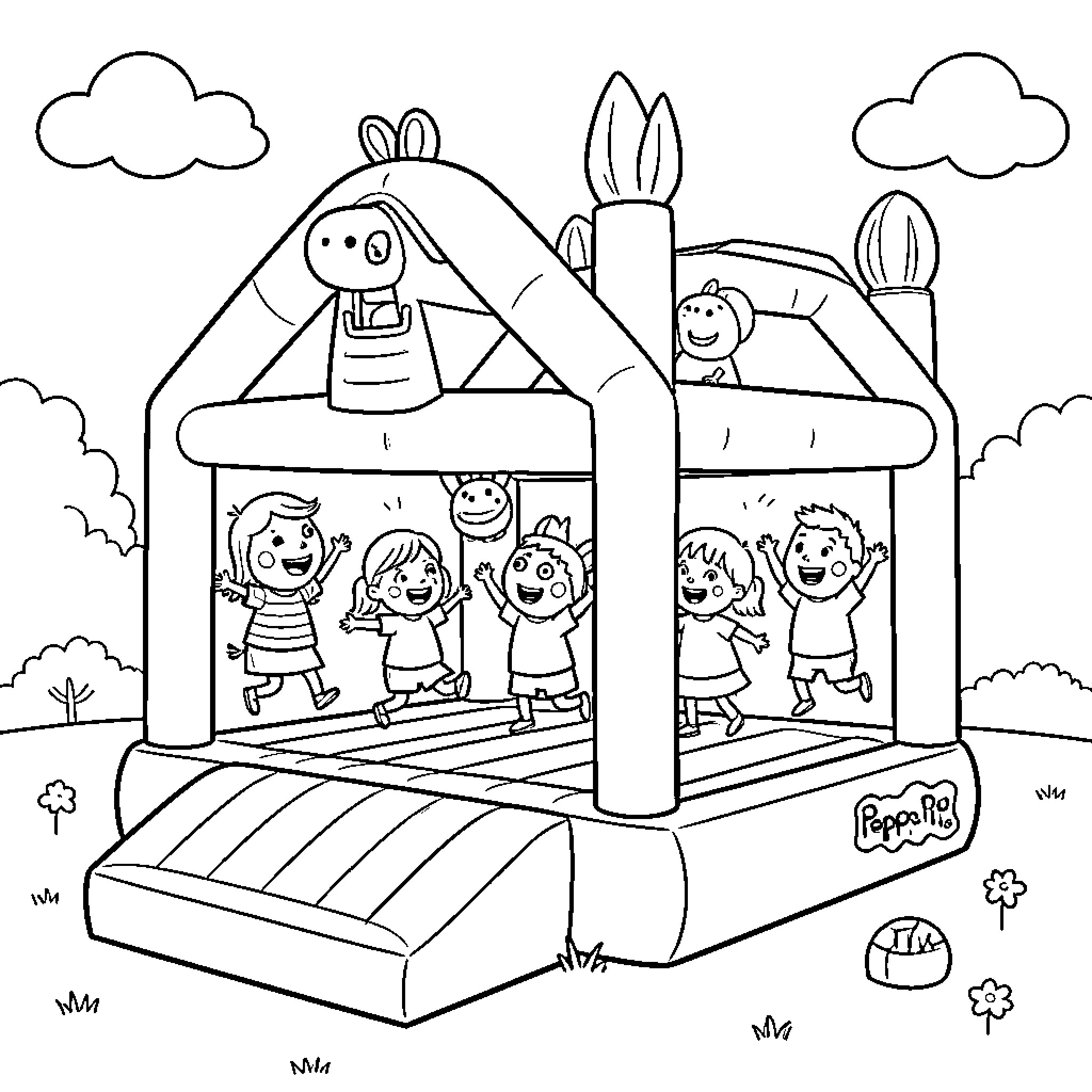 Peppa Pig and friends jumping on a bouncy castle Coloring Page (free black-and-white line drawing printable PDF for all, from beginners to advanced learners, including children, teens, adults, and seniors)