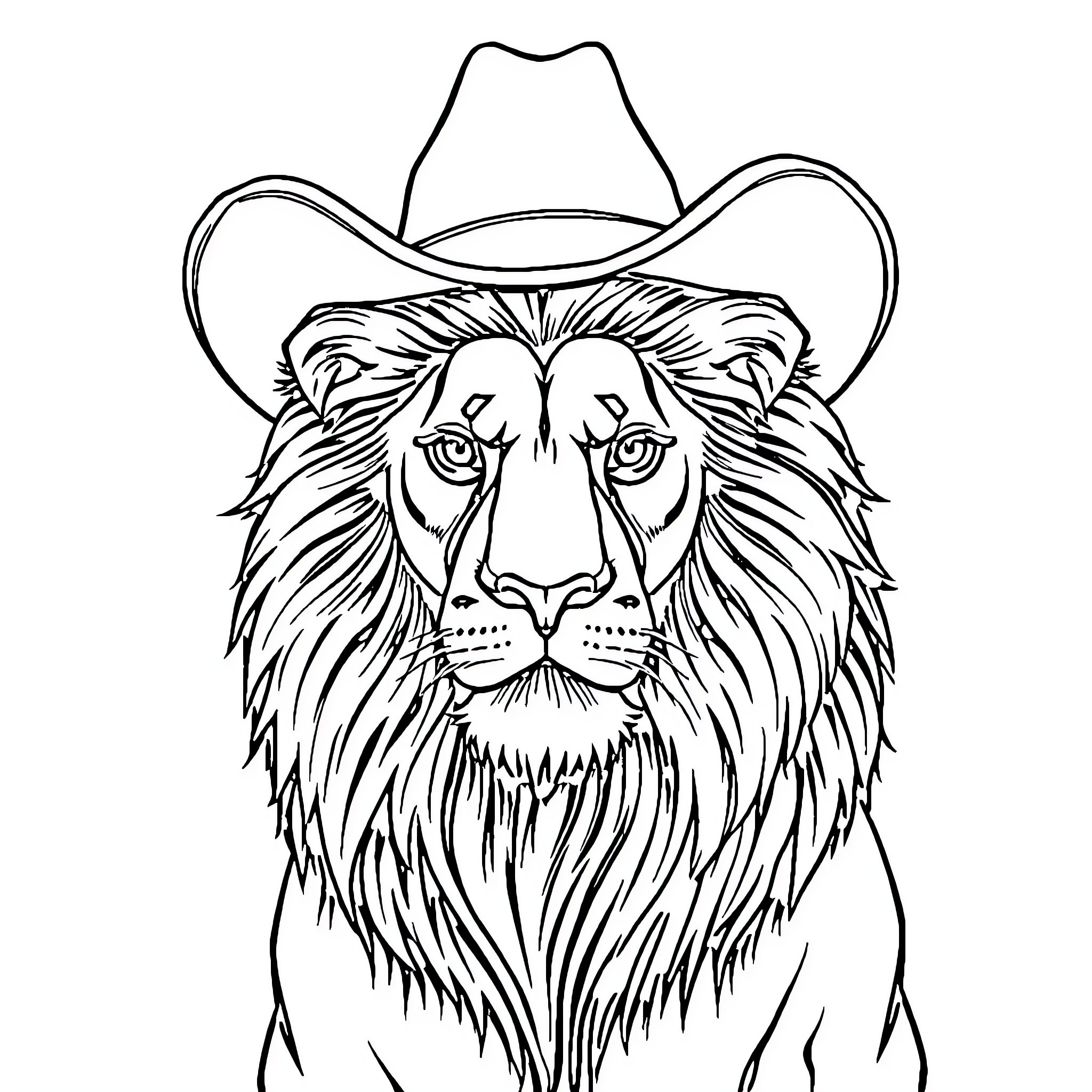 Lion wearing a cowboy hat Coloring Page (free black-and-white line drawing printable PDF for all, from beginners to advanced learners, including children, teens, adults, and seniors)