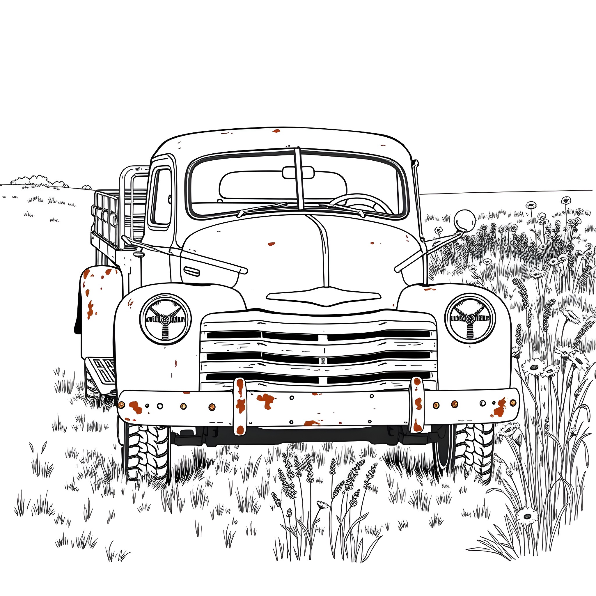 Truck with rustic features in a field Coloring Page (free black-and-white line drawing printable PDF for all, from beginners to advanced learners, including children, teens, adults, and seniors)