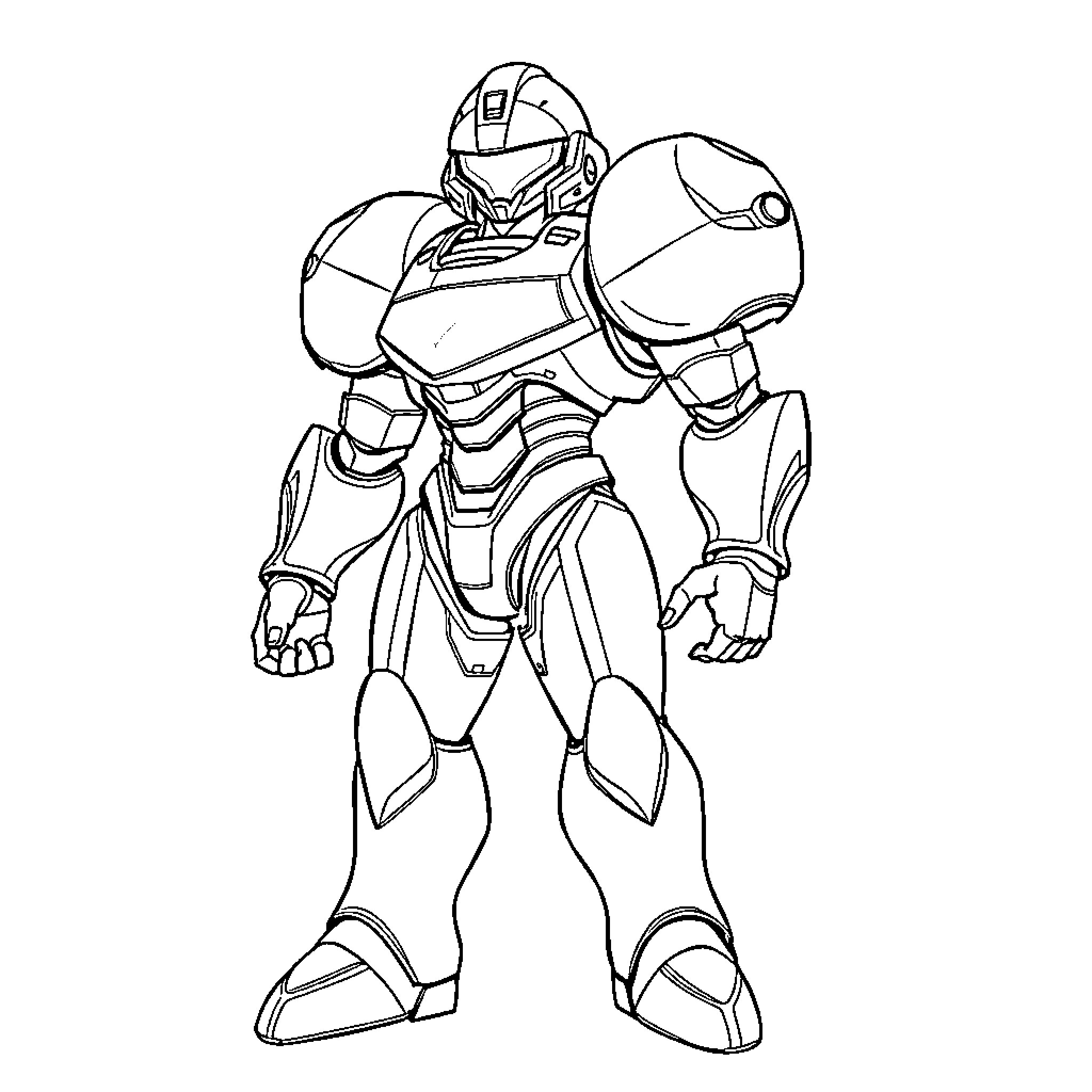 Samus in Battle Gear Readiness Coloring Page (free black-and-white line drawing printable PDF for all, from beginners to advanced learners, including children, teens, adults, and seniors)