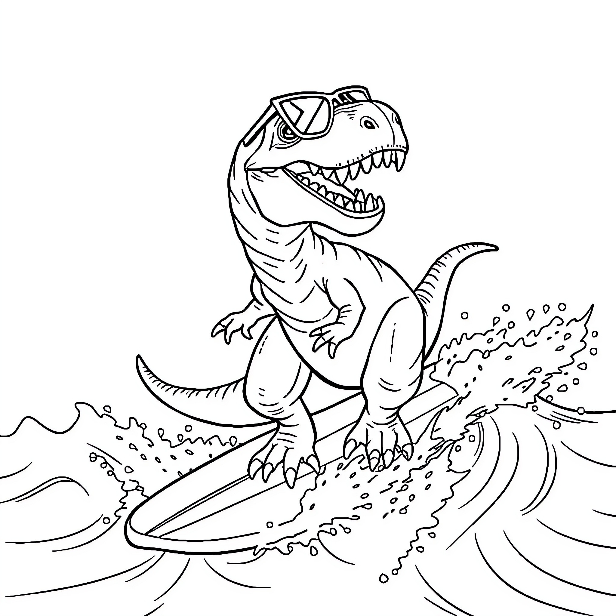 T-Rex Surfing the Waves Coloring Page (free black-and-white line drawing printable PDF for all, from beginners to advanced learners, including children, teens, adults, and seniors)