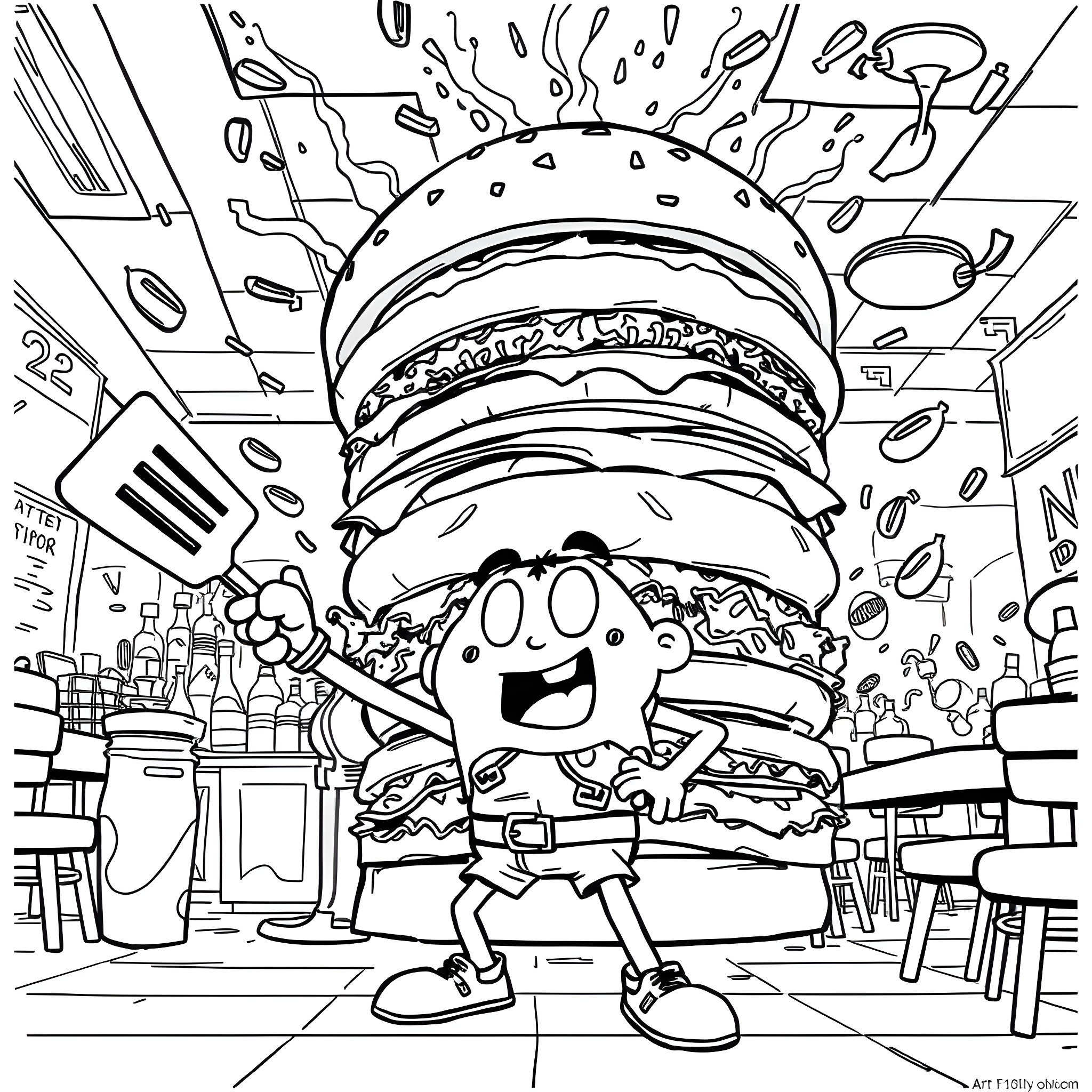 Bob's Burger: Employee Joyfully Serving Giant Burger Coloring Page (free black-and-white line drawing printable PDF for all, from beginners to advanced learners, including children, teens, adults, and seniors)