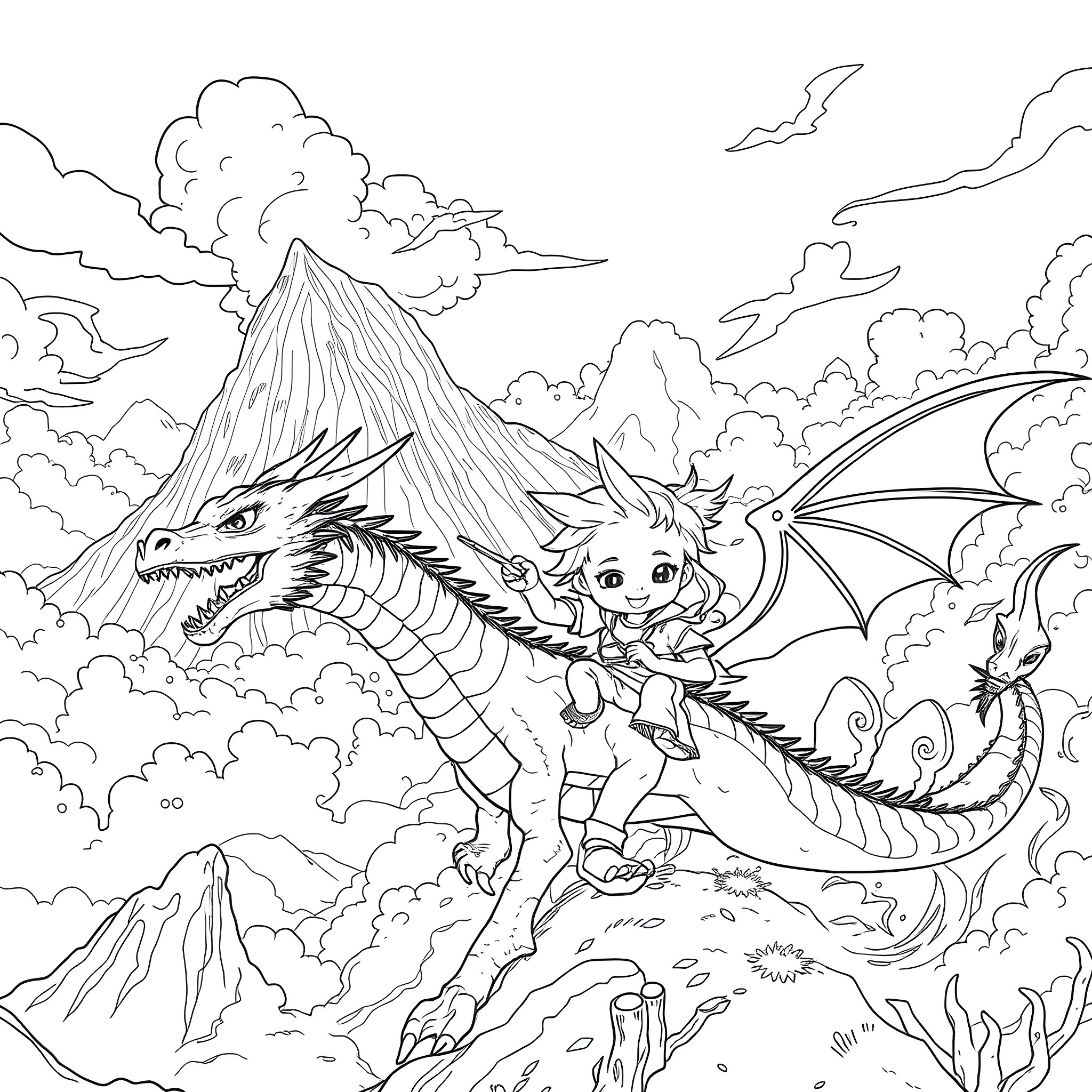 Kid riding magical dragon through fantasy landscape Coloring Page (free black-and-white line drawing printable PDF for all, from beginners to advanced learners, including children, teens, adults, and seniors)