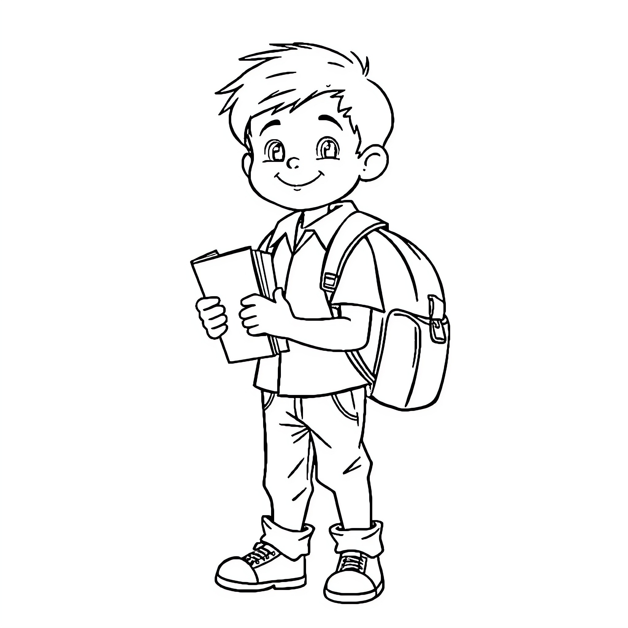 School Boy Happily Heading to Class Coloring Page (free black-and-white line drawing printable PDF for all, from beginners to advanced learners, including children, teens, adults, and seniors)