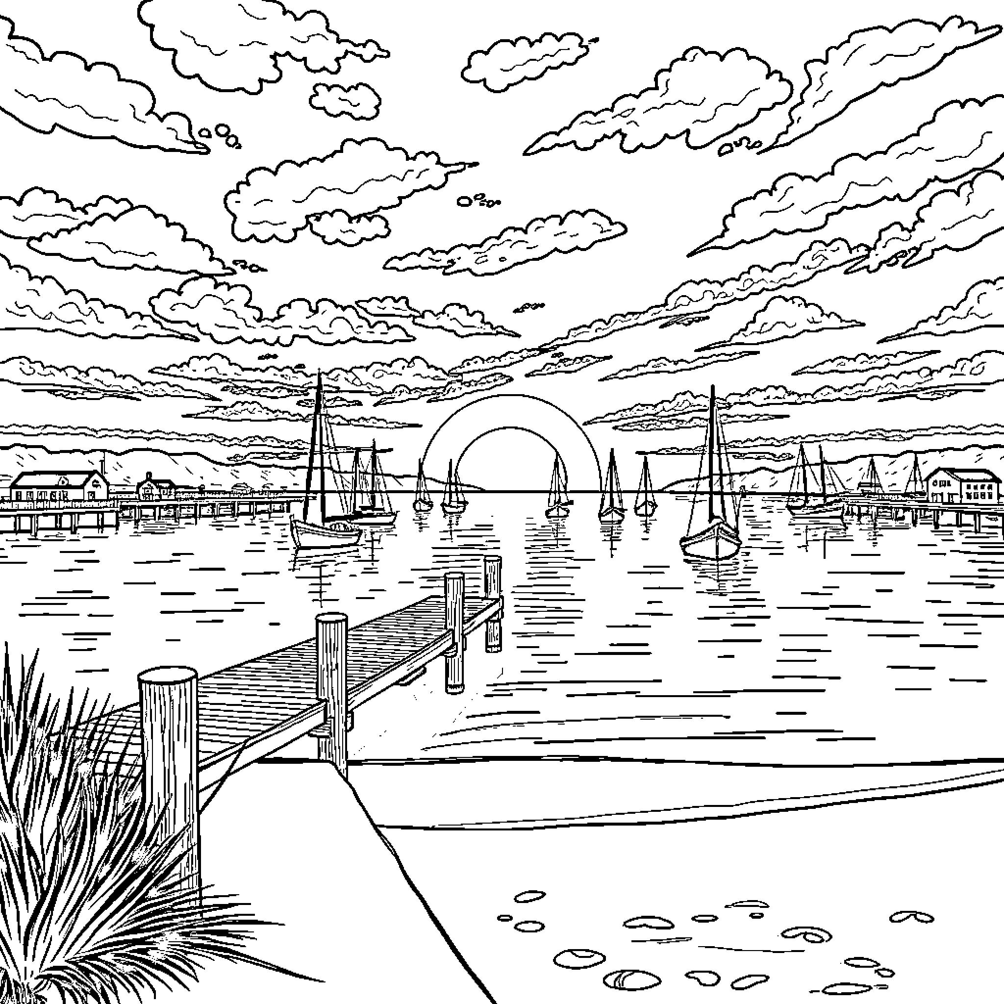 Sunset on the Dockside Harbor Coloring Page (free black-and-white line drawing printable PDF for all, from beginners to advanced learners, including children, teens, adults, and seniors)