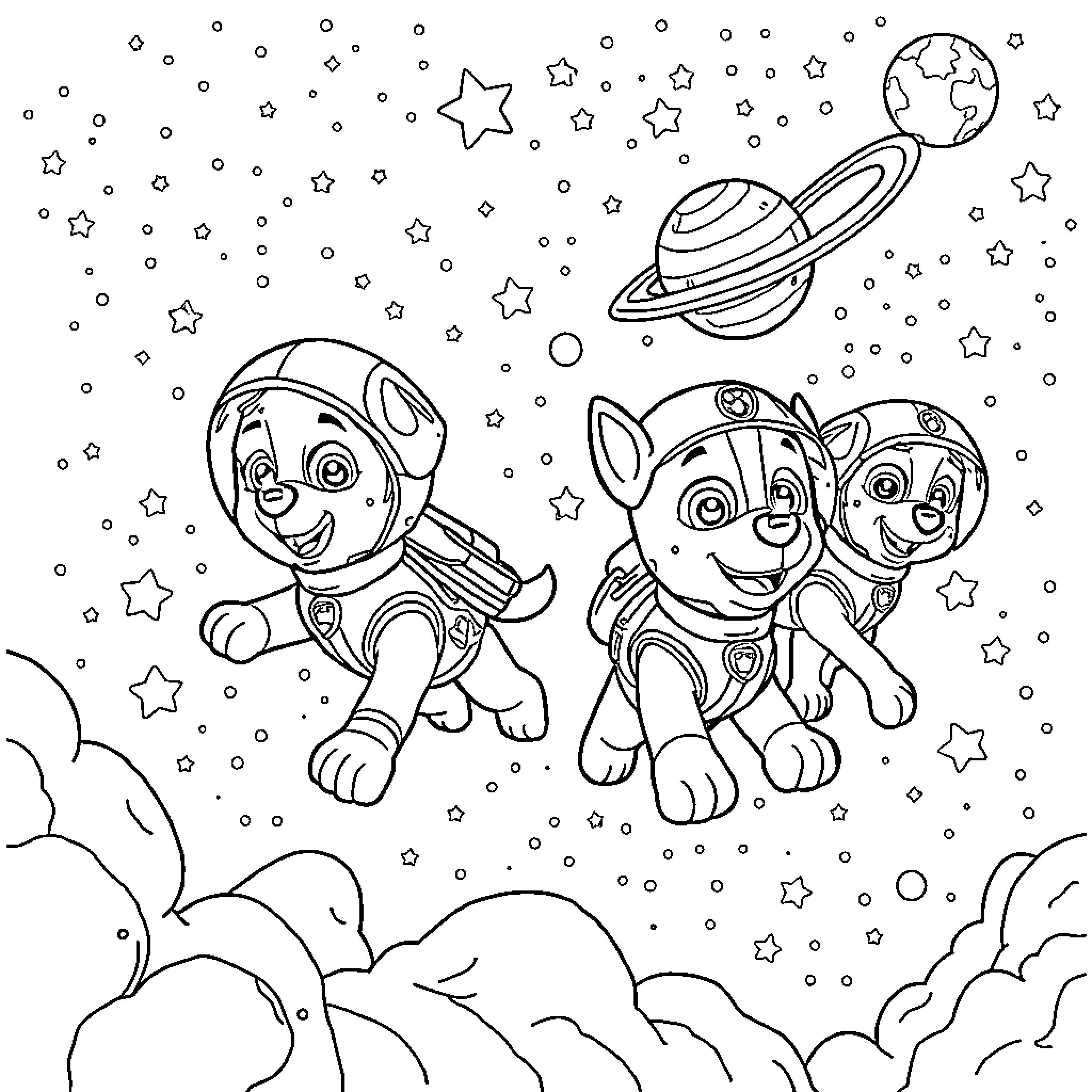 Paw Patrol space adventure with puppies Coloring Page (free black-and-white line drawing printable PDF for all, from beginners to advanced learners, including children, teens, adults, and seniors)