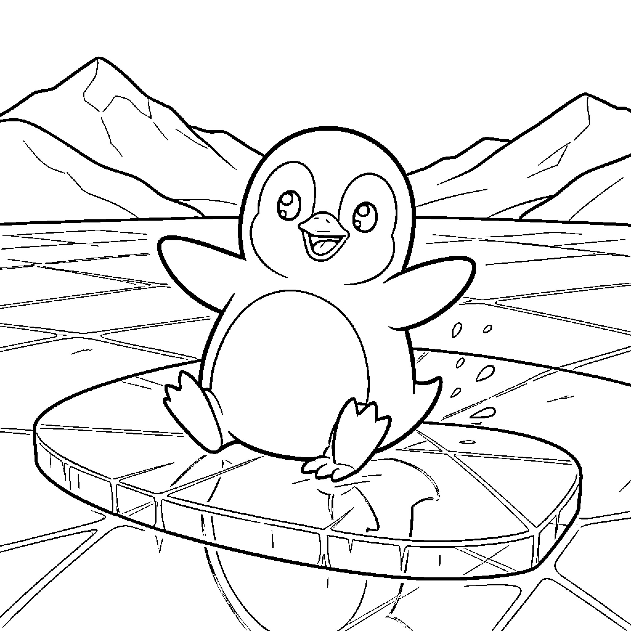 Penguin playing happily on ice floe Coloring Page (free black-and-white line drawing printable PDF for all, from beginners to advanced learners, including children, teens, adults, and seniors)