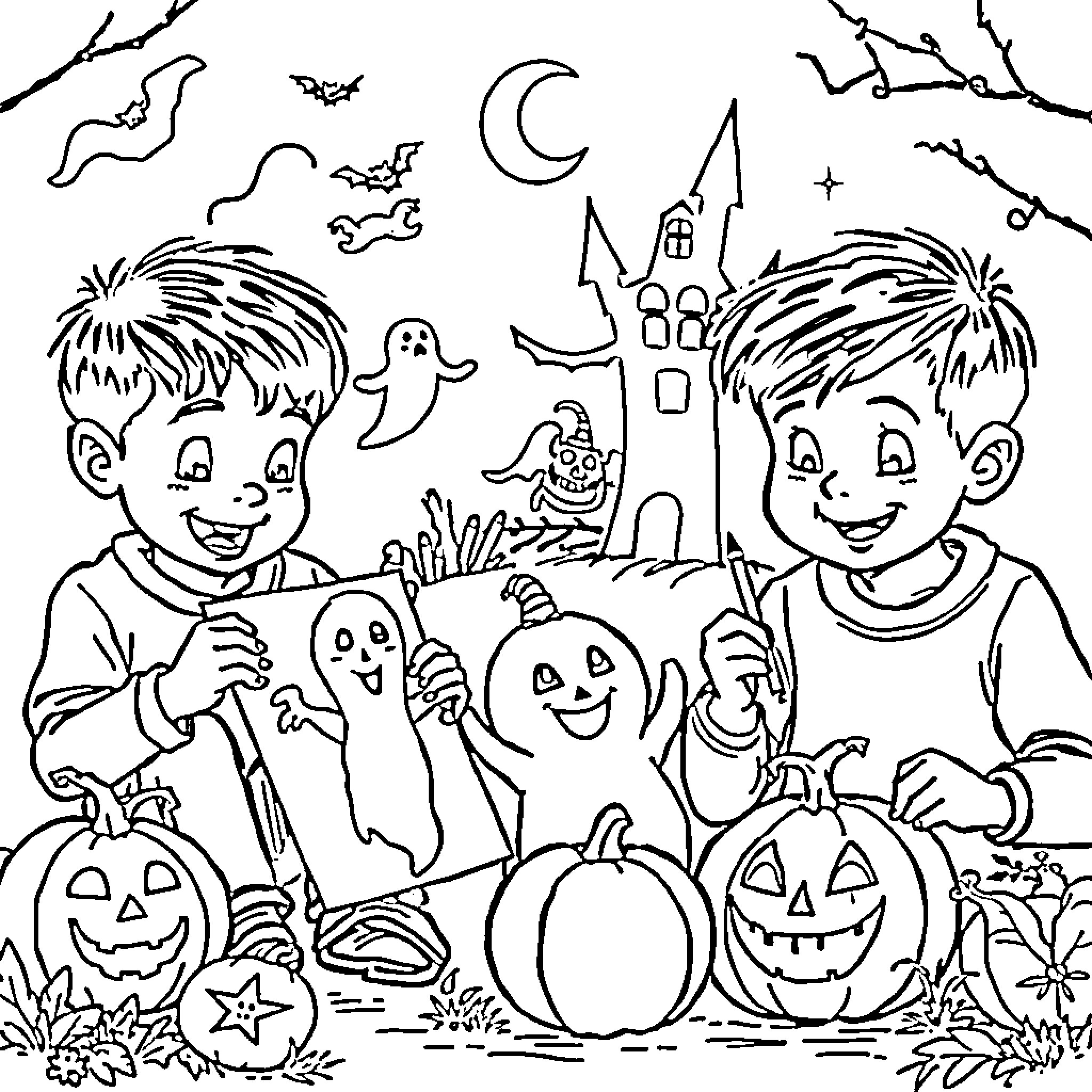 Halloween scene with children in costumes Coloring Page (free black-and-white line drawing printable PDF for all, from beginners to advanced learners, including children, teens, adults, and seniors)