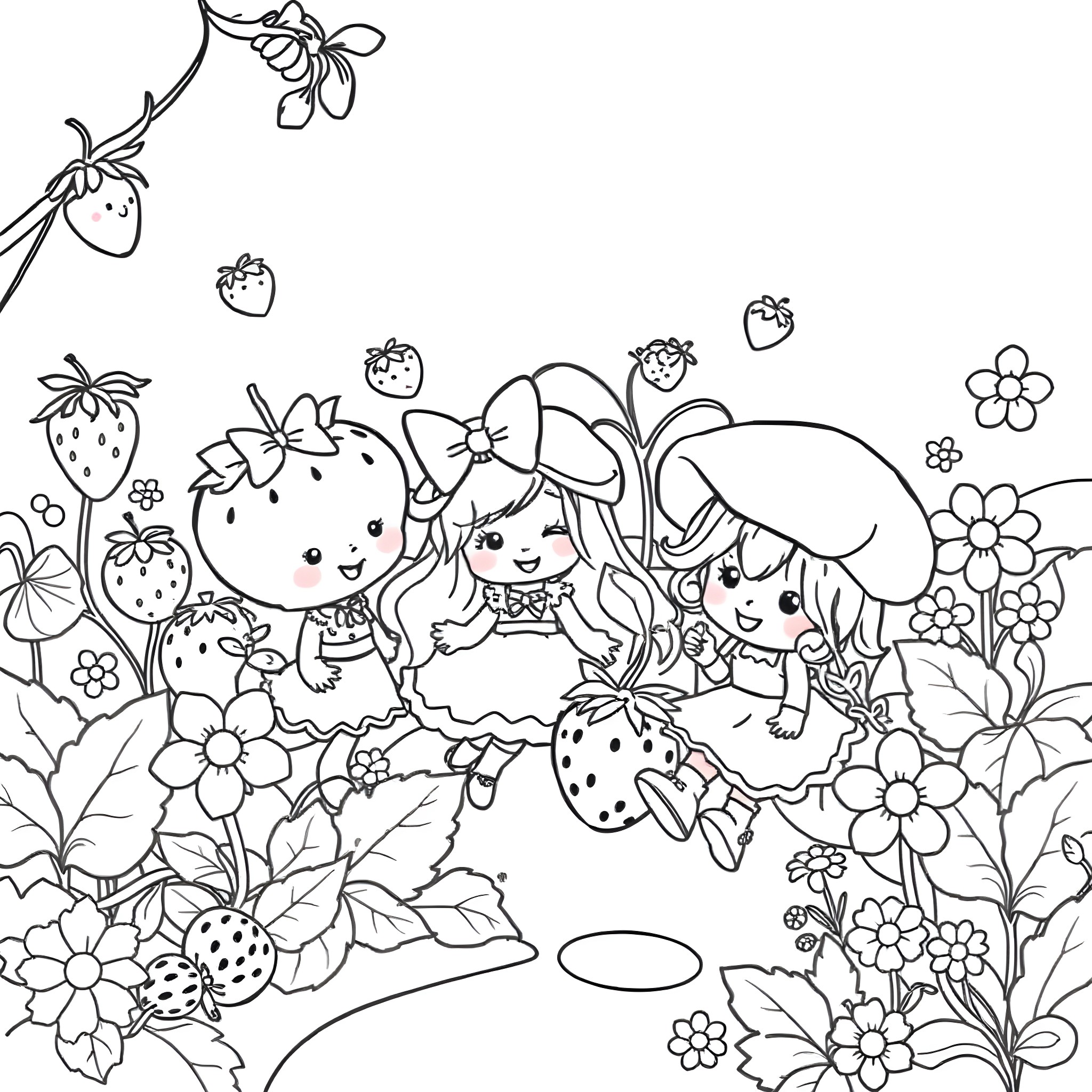Strawberry Friends Playing in Floral Garden Coloring Page (free black-and-white line drawing printable PDF for all, from beginners to advanced learners, including children, teens, adults, and seniors)