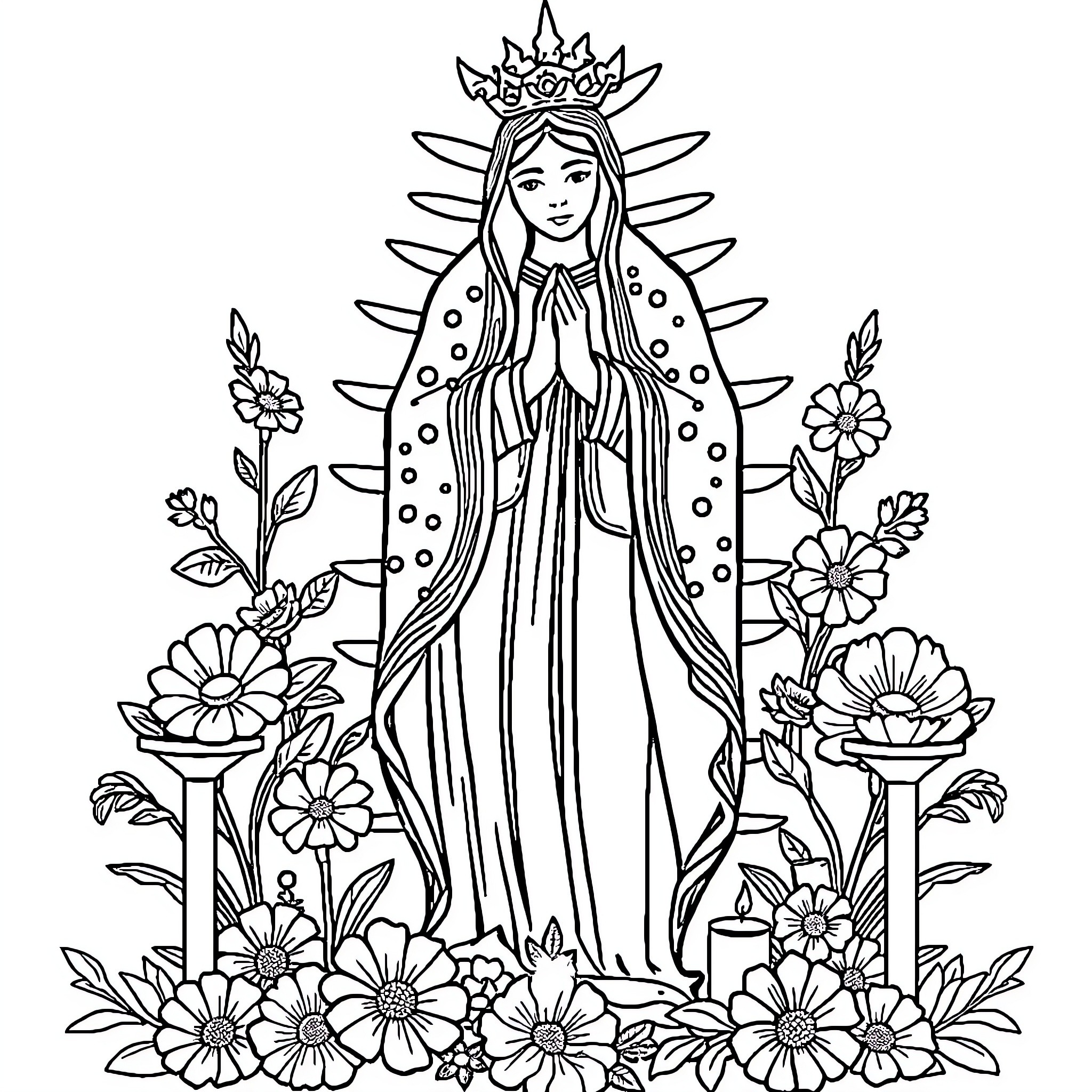 Virgen de Guadalupe praying amidst flowers and nature Coloring Page (free black-and-white line drawing printable PDF for all, from beginners to advanced learners, including children, teens, adults, and seniors)
