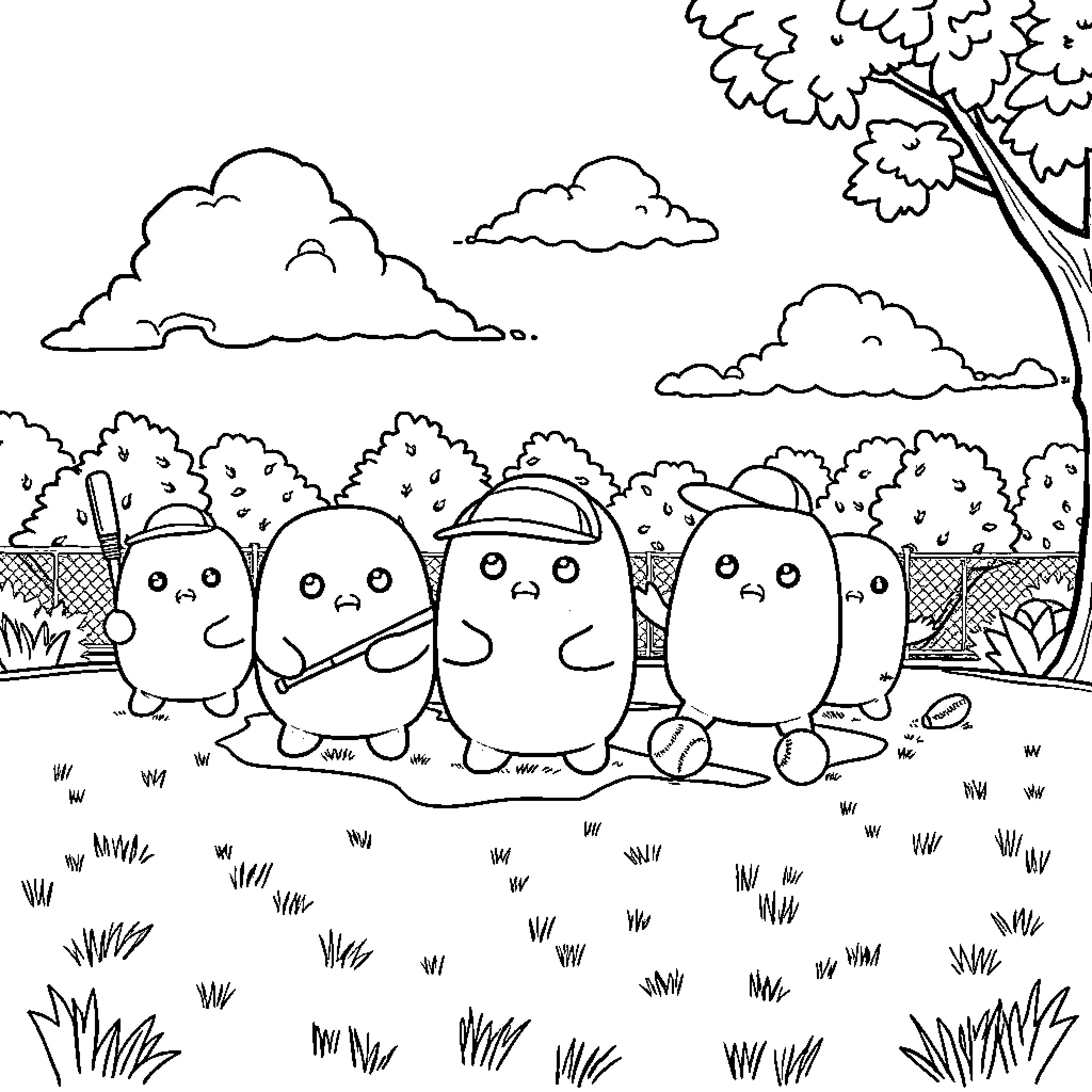 Squishmallows enjoying a day outdoors Coloring Page (free black-and-white line drawing printable PDF for all, from beginners to advanced learners, including children, teens, adults, and seniors)
