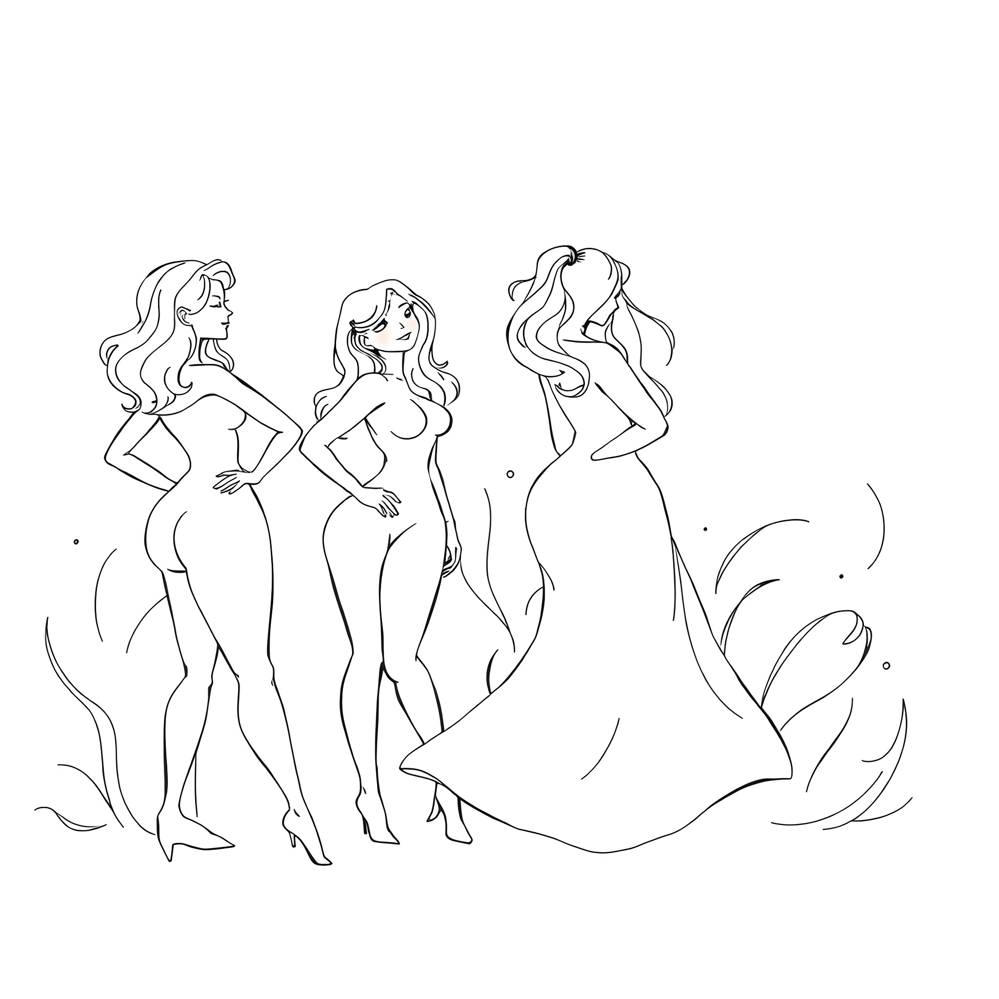 Women in stylized mermaid attire Coloring Page (free black-and-white line drawing printable PDF for all, from beginners to advanced learners, including children, teens, adults, and seniors)