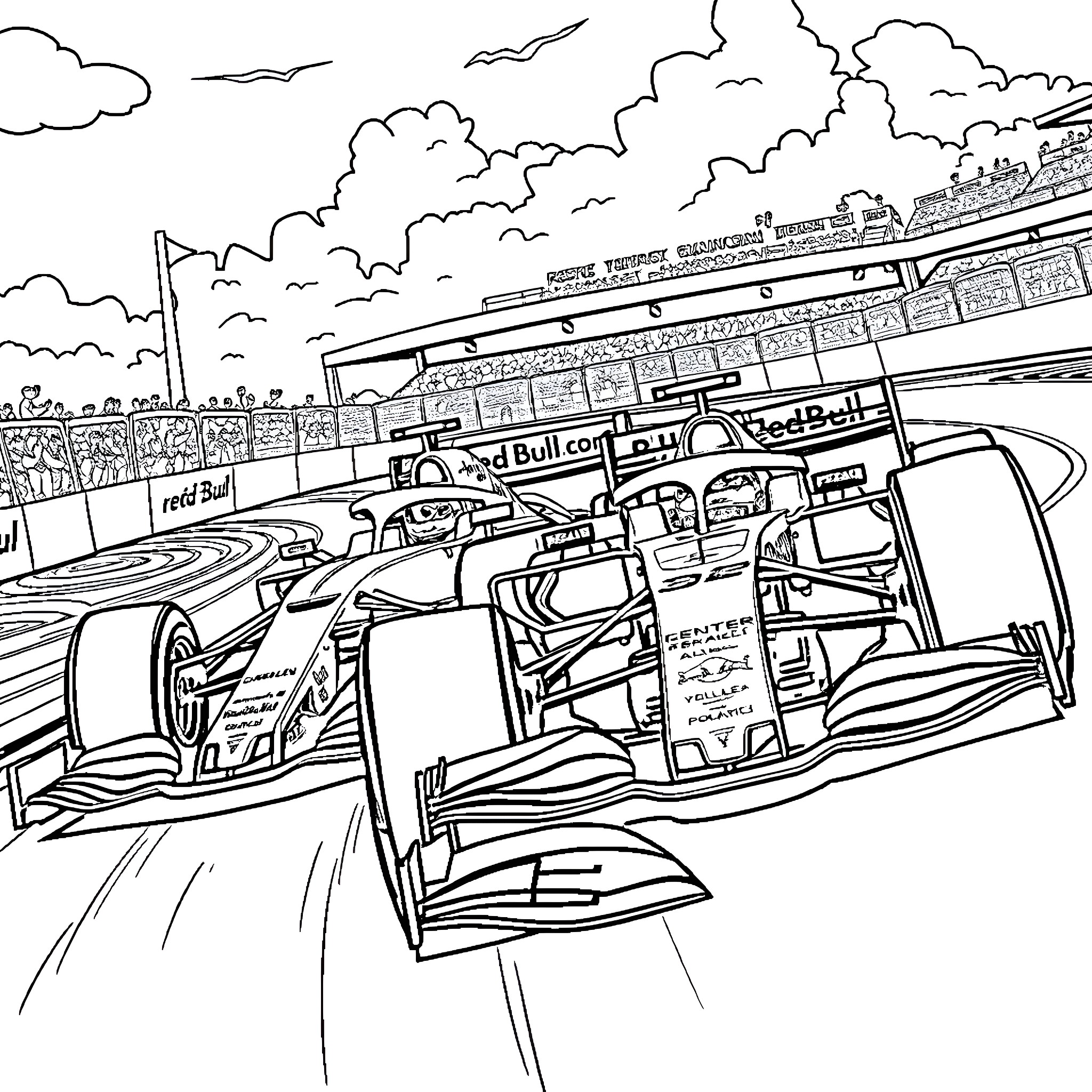 Verstappen Racing in a High-Speed Formula 1 Event Coloring Page (free black-and-white line drawing printable PDF for all, from beginners to advanced learners, including children, teens, adults, and seniors)