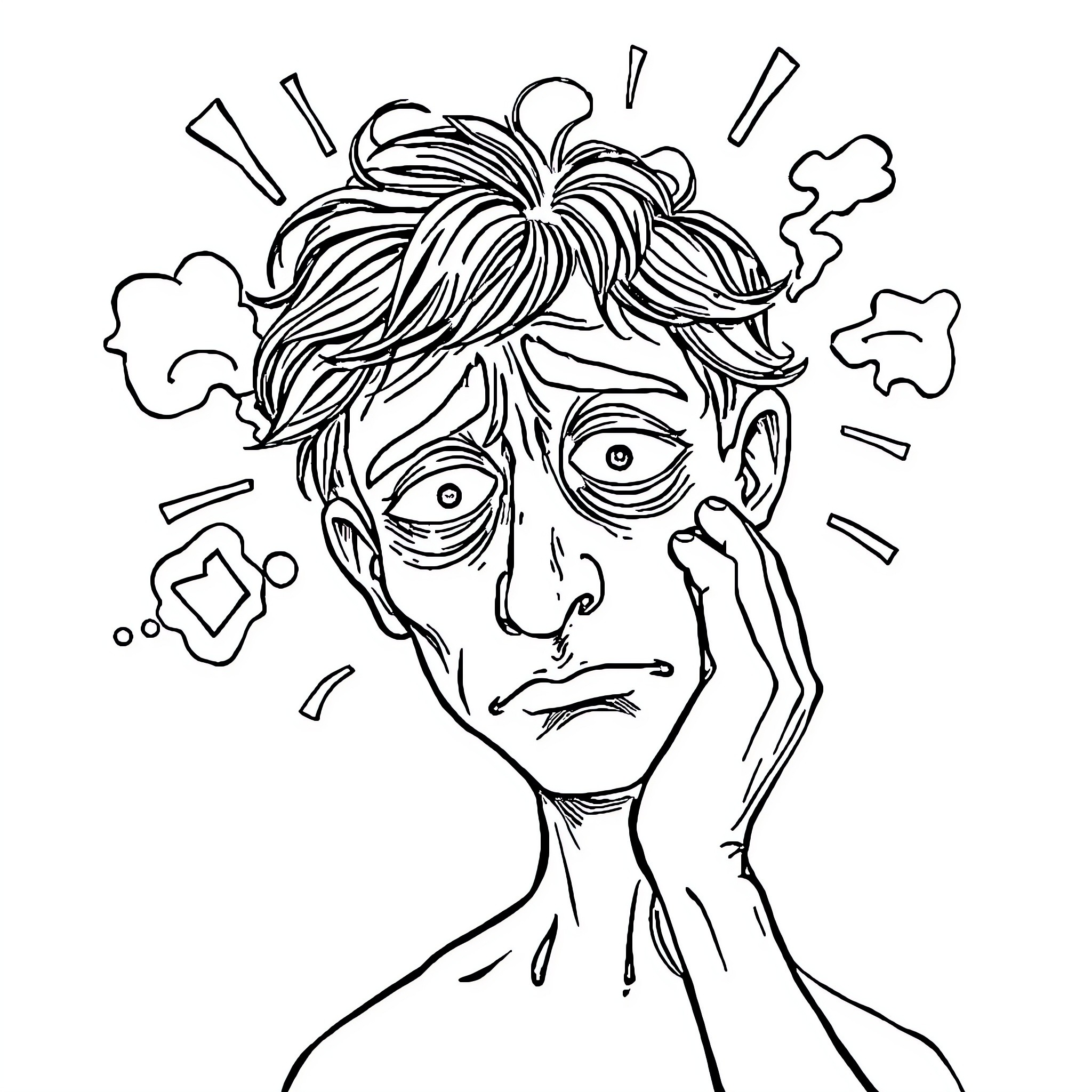 Brainrot: Troubled Mind's Chaotic Thoughts Coloring Page (free black-and-white line drawing printable PDF for all, from beginners to advanced learners, including children, teens, adults, and seniors)