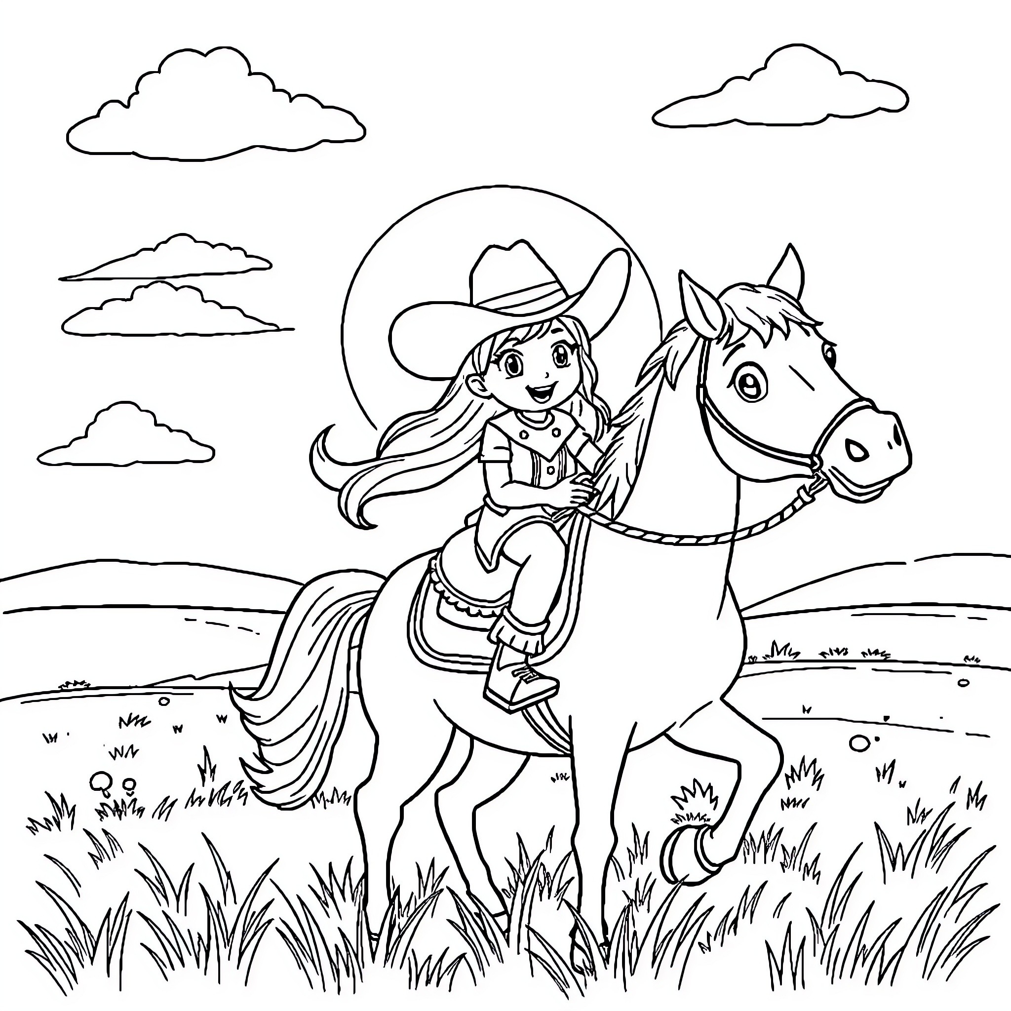 Cowgirl riding horse in scenic countryside Coloring Page (free black-and-white line drawing printable PDF for all, from beginners to advanced learners, including children, teens, adults, and seniors)