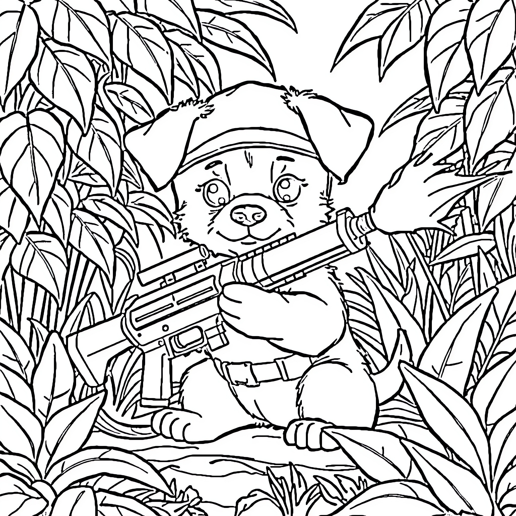 Puppy exploring the jungle with rifle Coloring Page (free black-and-white line drawing printable PDF for all, from beginners to advanced learners, including children, teens, adults, and seniors)