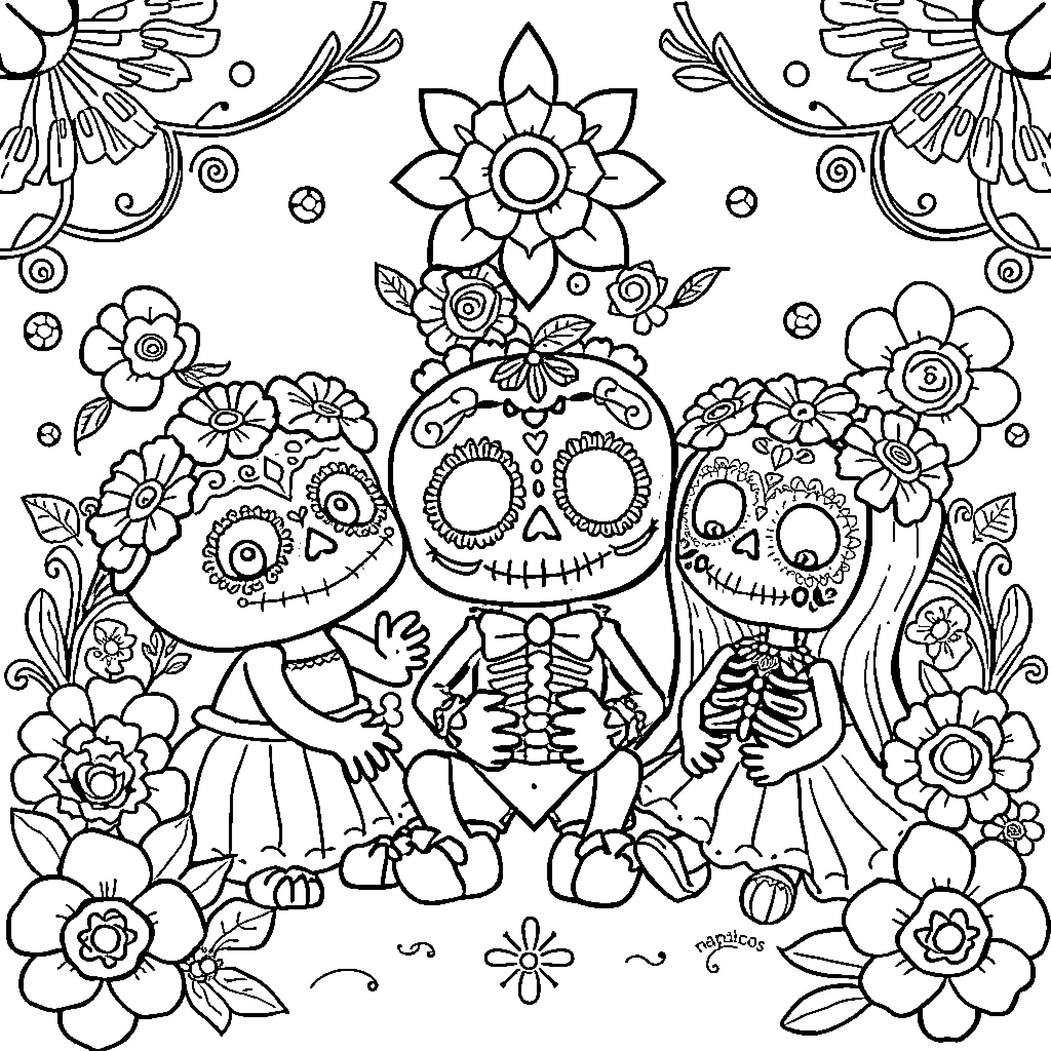 Ofrenda of Skeletal Figures Surrounded by Flowers Coloring Page (free black-and-white line drawing printable PDF for all, from beginners to advanced learners, including children, teens, adults, and seniors)