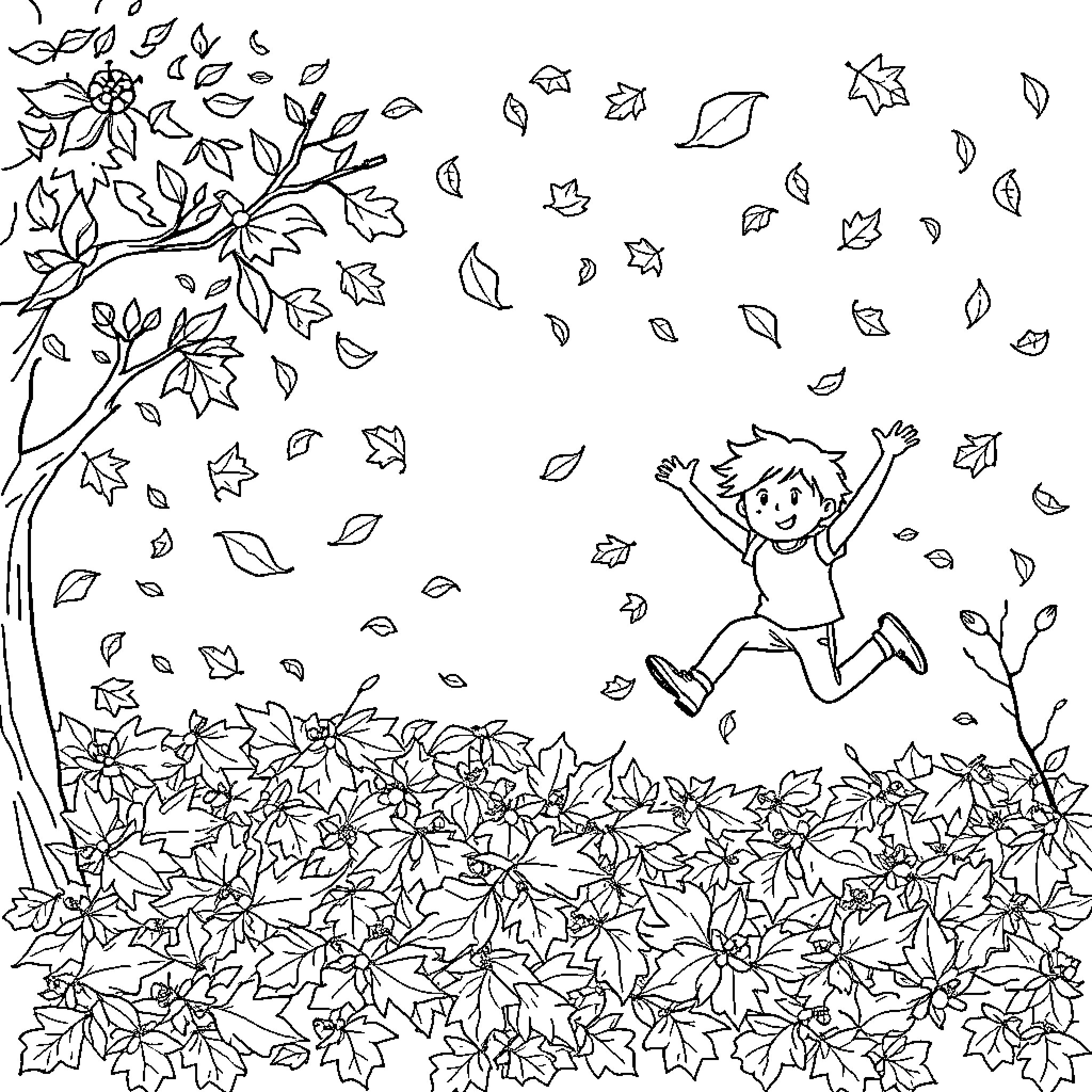 Autumn leaves and a playful child Coloring Page (free black-and-white line drawing printable PDF for all, from beginners to advanced learners, including children, teens, adults, and seniors)
