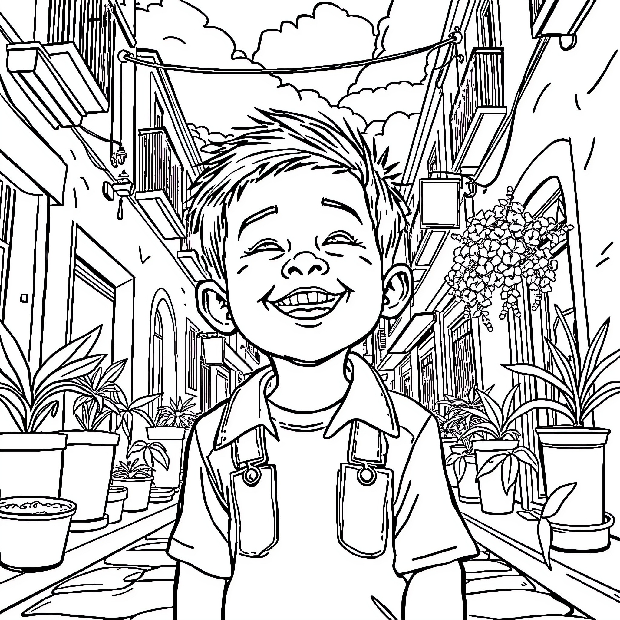 Child happily exploring a vibrant street scene Coloring Page (free black-and-white line drawing printable PDF for all, from beginners to advanced learners, including children, teens, adults, and seniors)