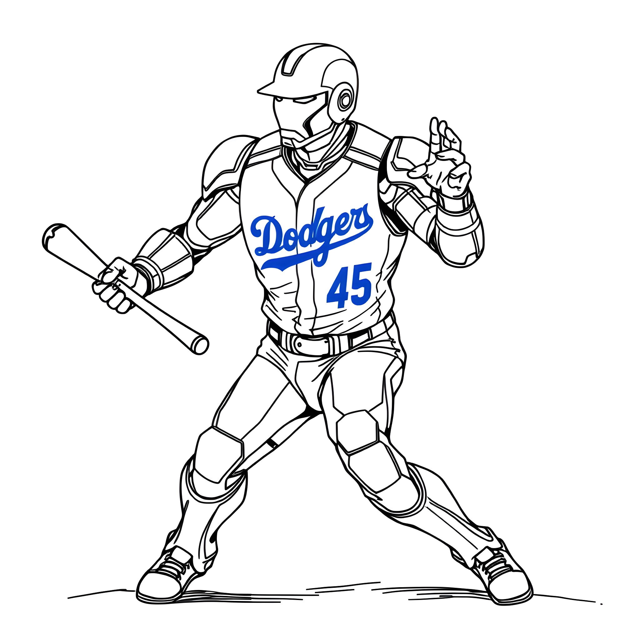 Iron Man in Dodgers baseball uniform batting Coloring Page (free black-and-white line drawing printable PDF for all, from beginners to advanced learners, including children, teens, adults, and seniors)