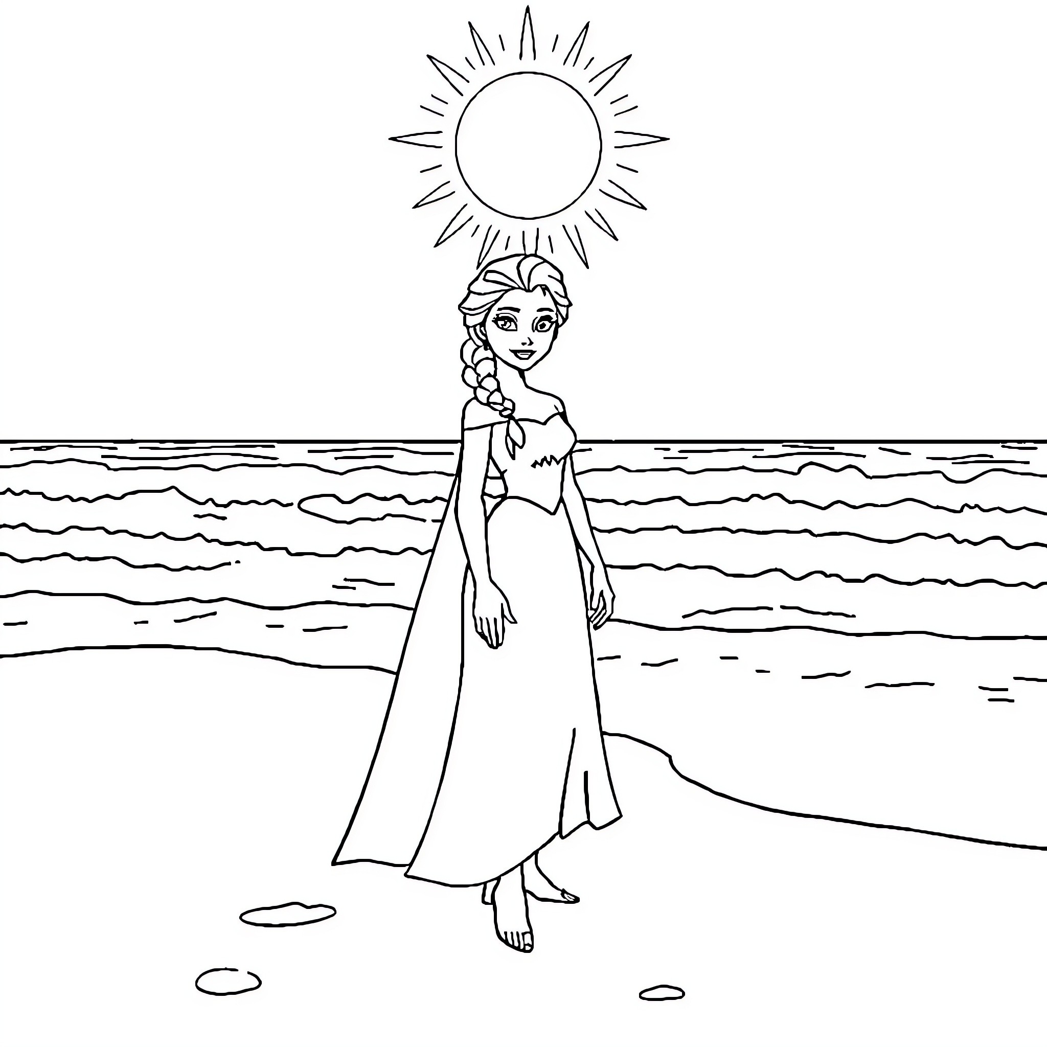 Elsa enjoying a sunny day at the beach Coloring Page (free black-and-white line drawing printable PDF for all, from beginners to advanced learners, including children, teens, adults, and seniors)