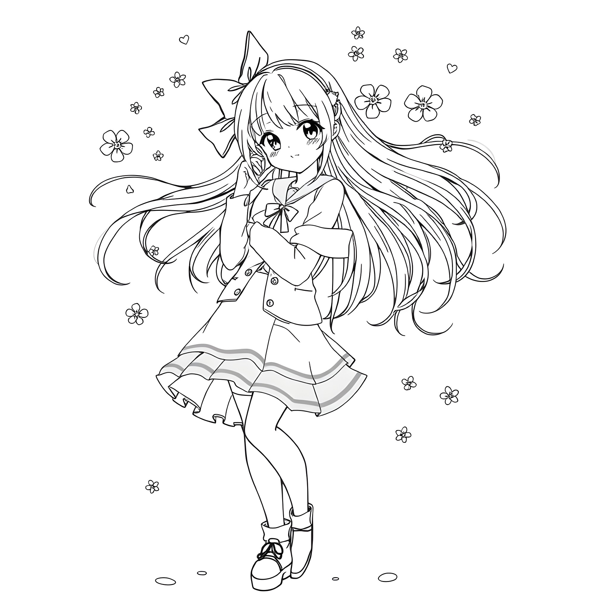 Anime Girl with Floral Accessories in Whimsical Pose Coloring Page (free black-and-white line drawing printable PDF for all, from beginners to advanced learners, including children, teens, adults, and seniors)