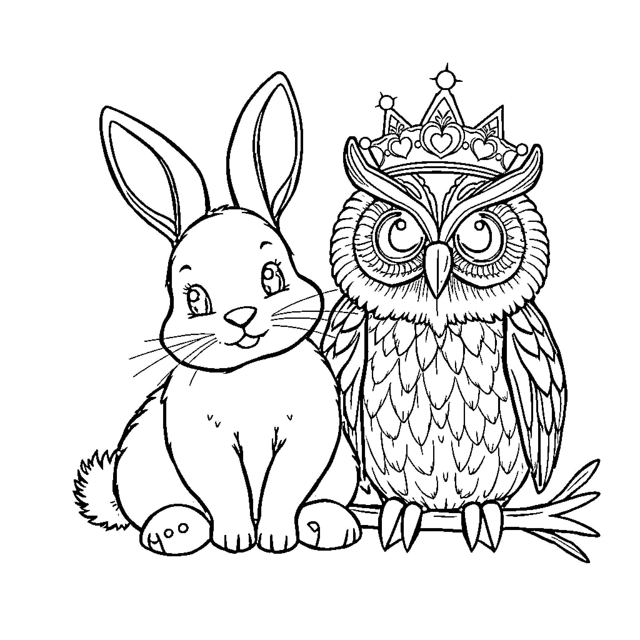 Bunny and Adorned Owl Coloring Page (free black-and-white line drawing printable PDF for all, from beginners to advanced learners, including children, teens, adults, and seniors)