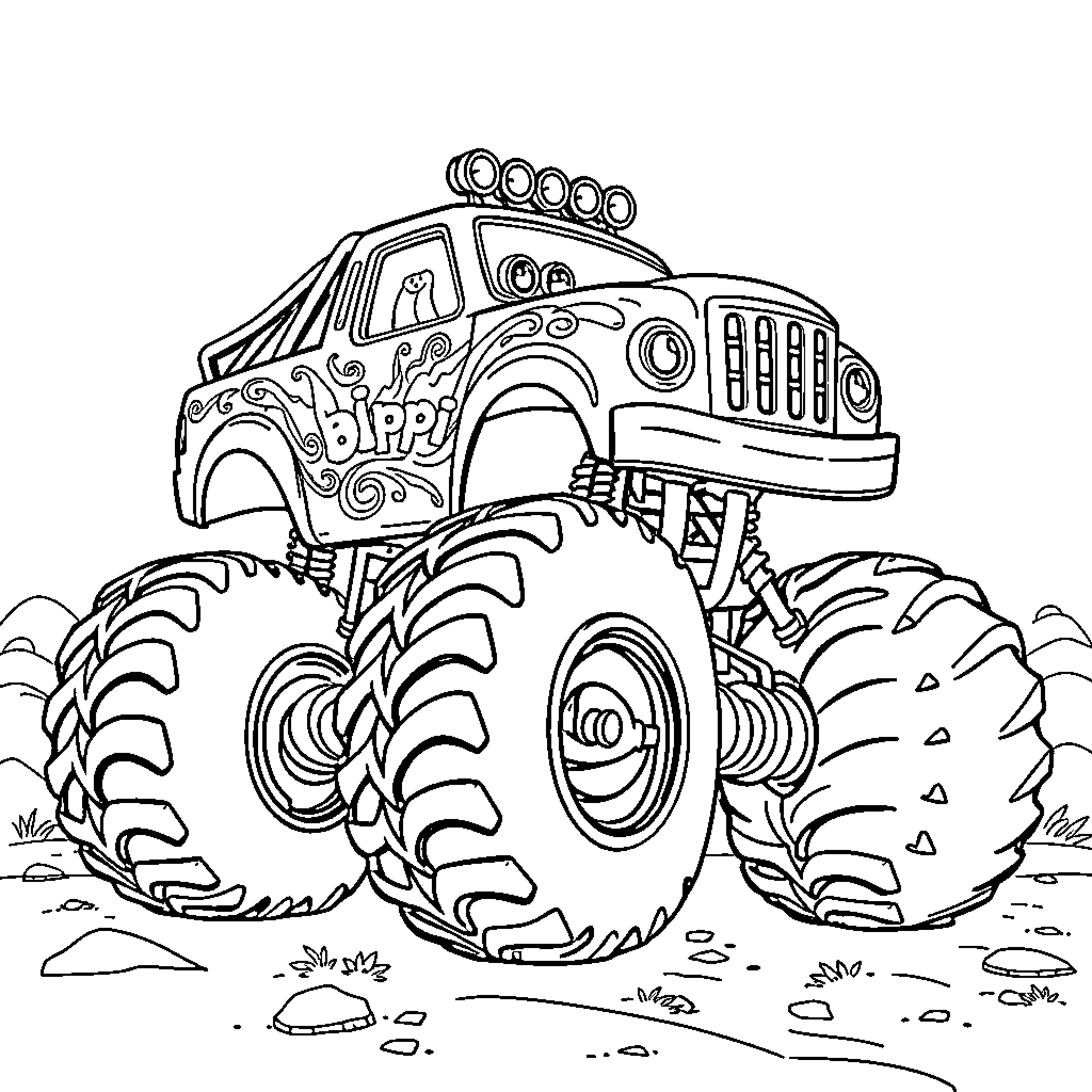 Monster Truck Crushing Through Obstacles Coloring Page (free black-and-white line drawing printable PDF for all, from beginners to advanced learners, including children, teens, adults, and seniors)