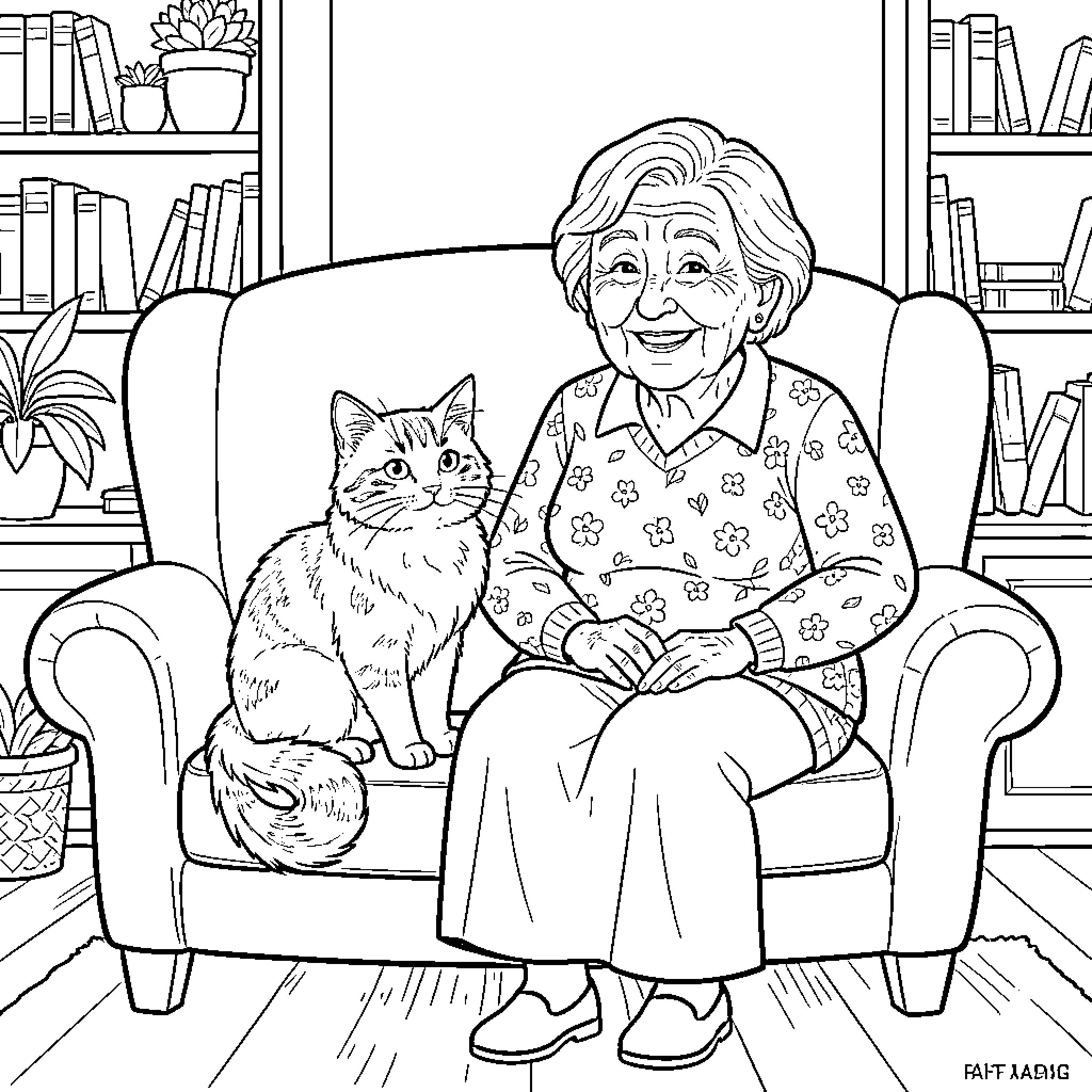 Cat and Elderly Woman Relaxing in Cozy Home Coloring Page (free black-and-white line drawing printable PDF for all, from beginners to advanced learners, including children, teens, adults, and seniors)