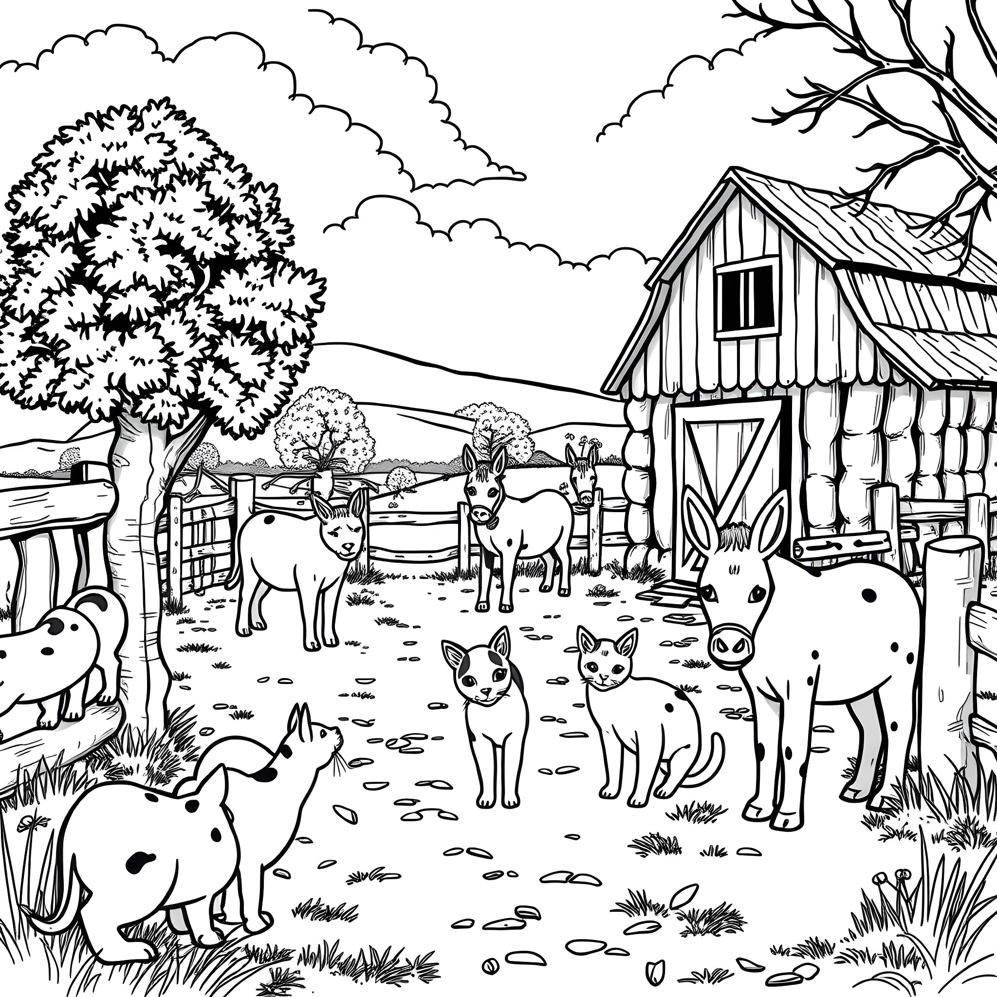 Cat and farm animals in the countryside Coloring Page (free black-and-white line drawing printable PDF for all, from beginners to advanced learners, including children, teens, adults, and seniors)