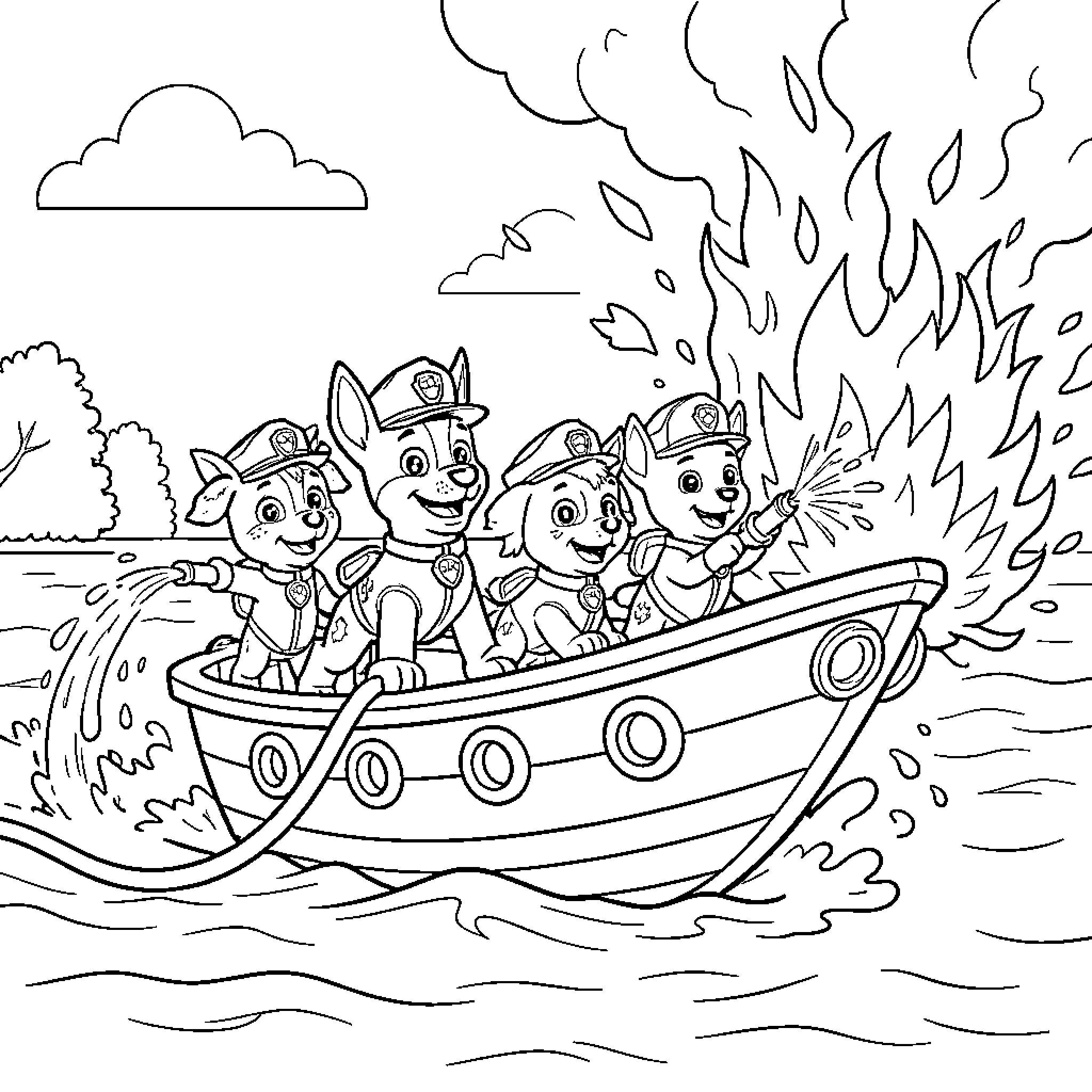 Paw Patrol Characters on an Exciting Boat Adventure Coloring Page (free black-and-white line drawing printable PDF for all, from beginners to advanced learners, including children, teens, adults, and seniors)