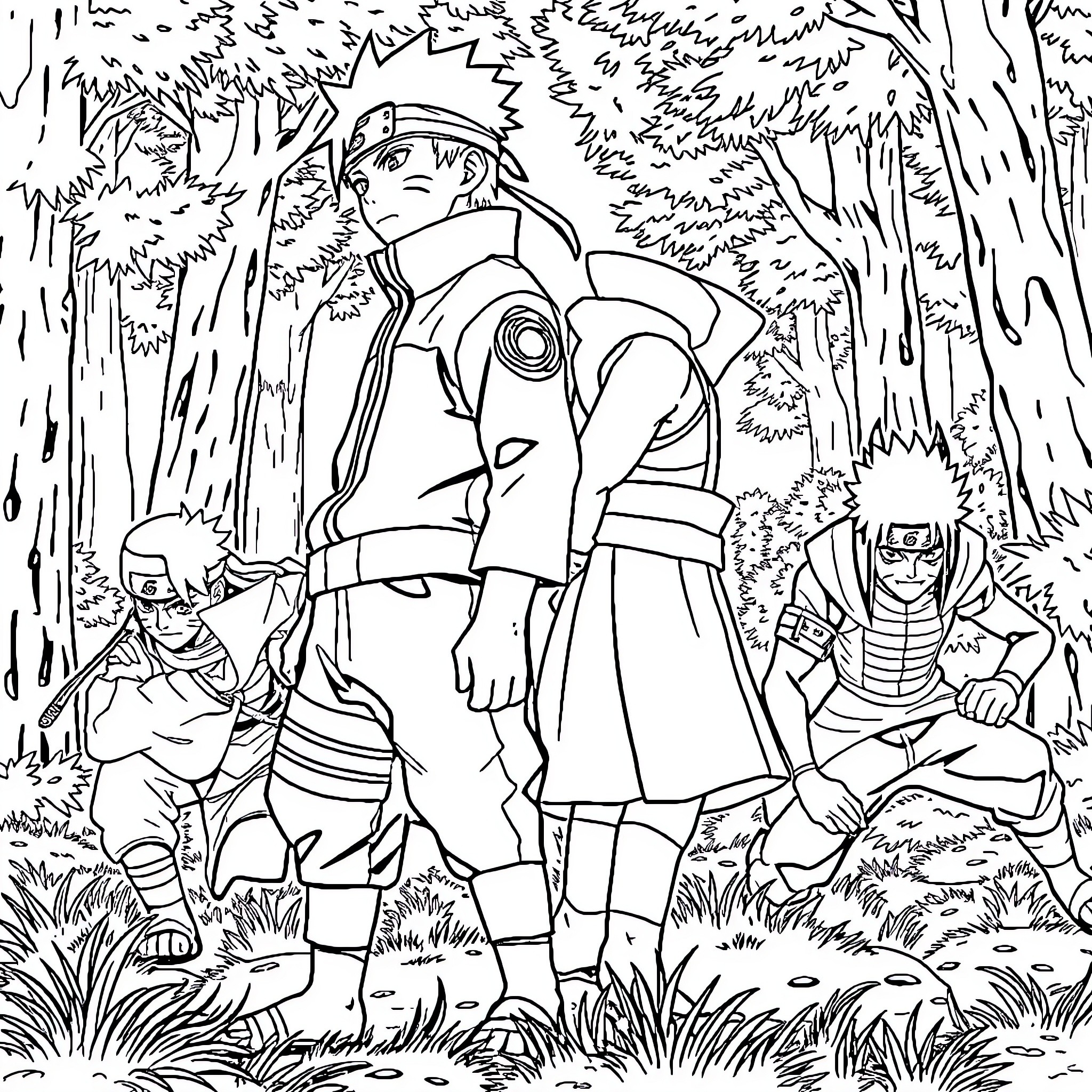 Naruto Characters in Forest Setting Coloring Page (free black-and-white line drawing printable PDF for all, from beginners to advanced learners, including children, teens, adults, and seniors)