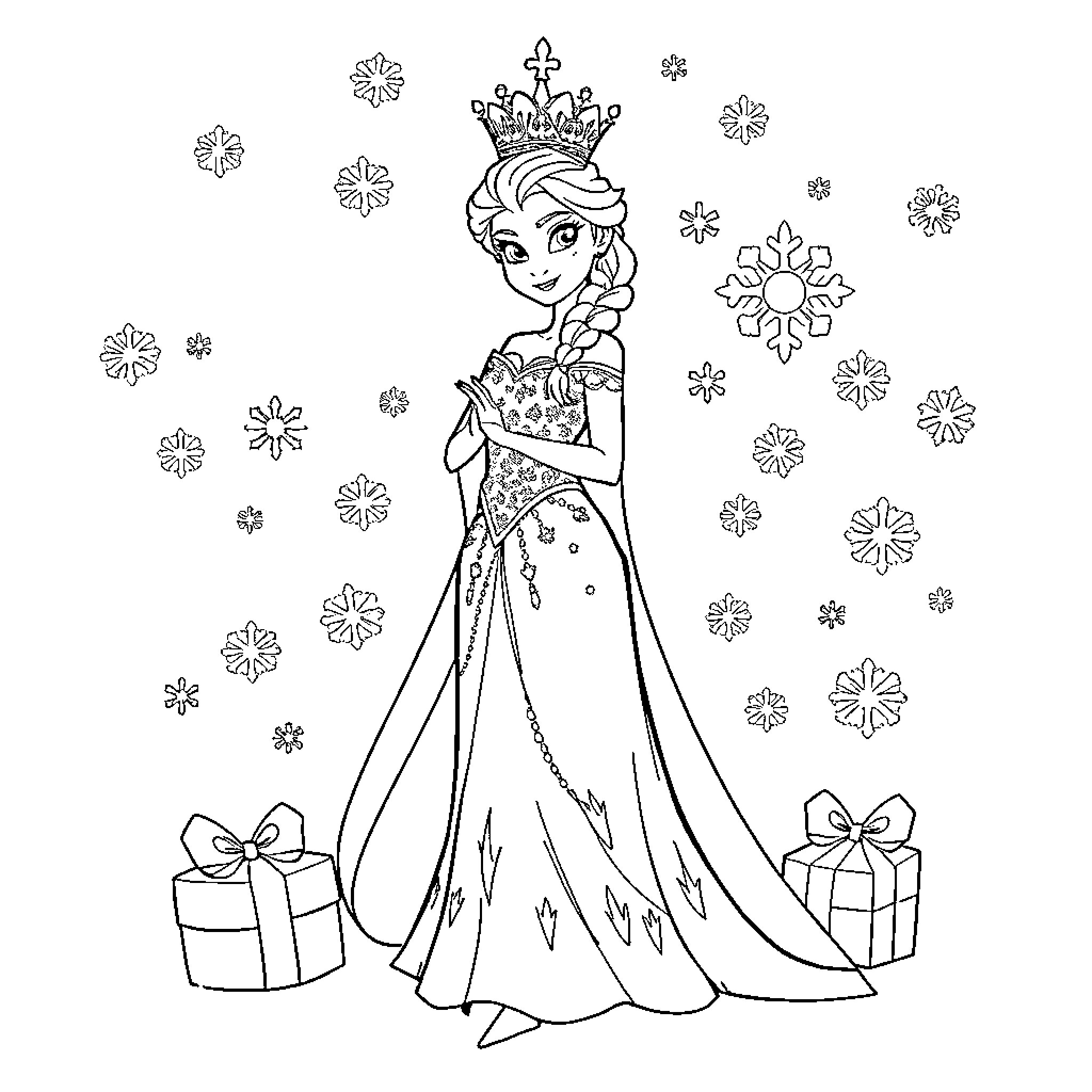Elsa celebrating in a regal winter gown Coloring Page (free black-and-white line drawing printable PDF for all, from beginners to advanced learners, including children, teens, adults, and seniors)