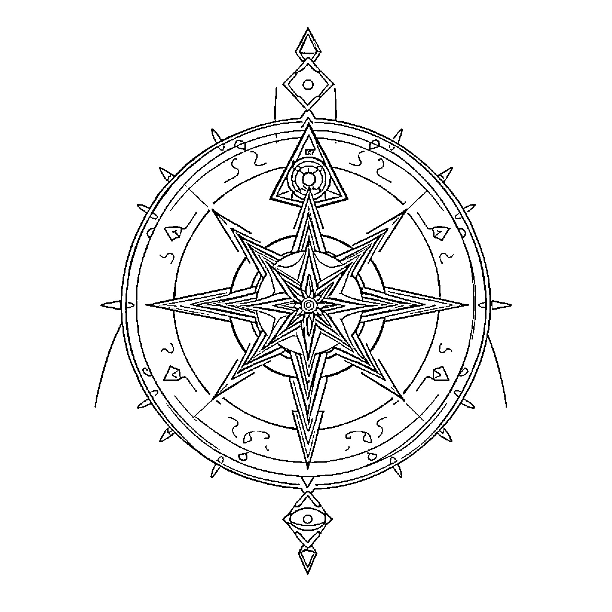 Esoteric Symbolic Compass with Mystical Shapes Coloring Page (free black-and-white line drawing printable PDF for all, from beginners to advanced learners, including children, teens, adults, and seniors)