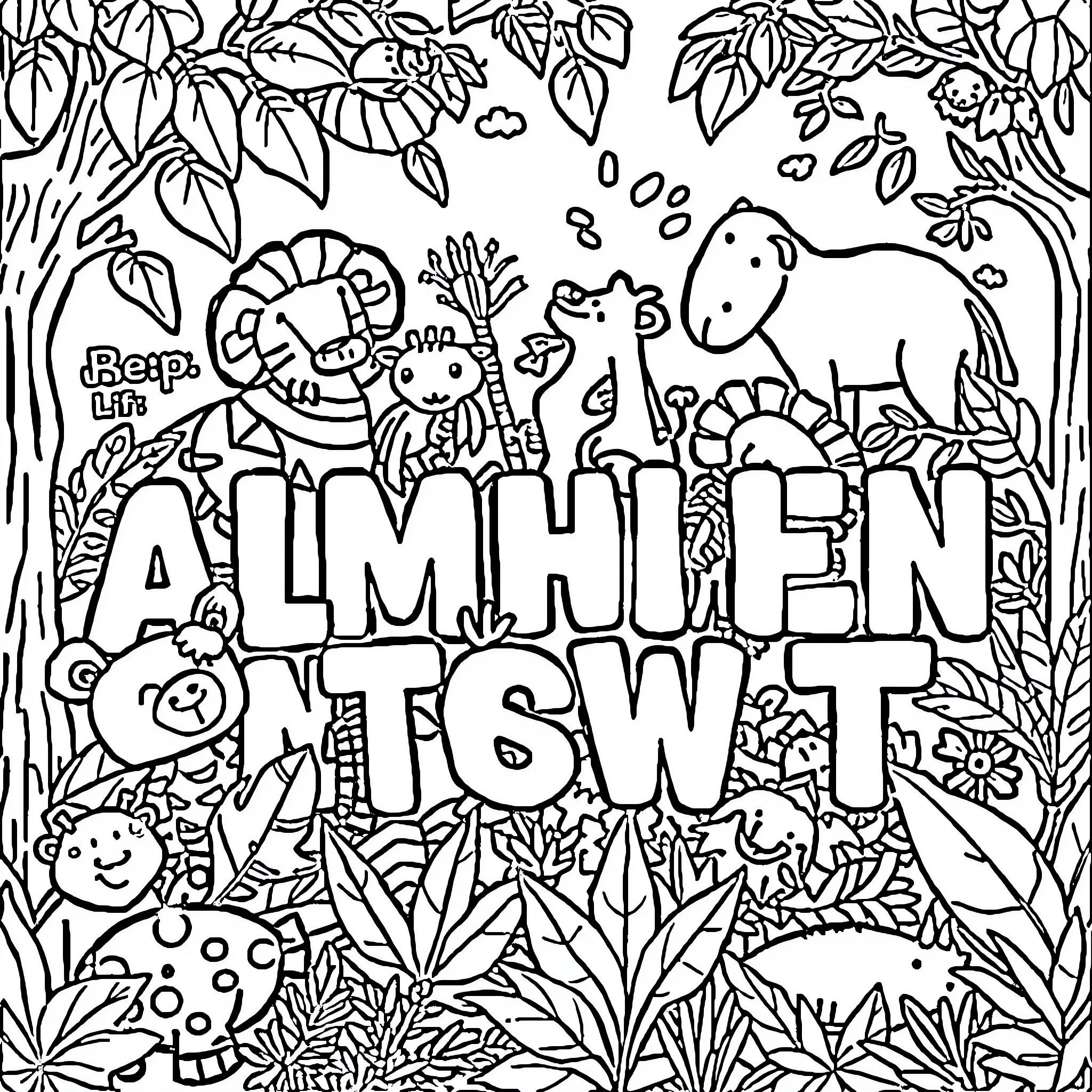 Alphabet wildlife adventure in the jungle Coloring Page (free black-and-white line drawing printable PDF for all, from beginners to advanced learners, including children, teens, adults, and seniors)