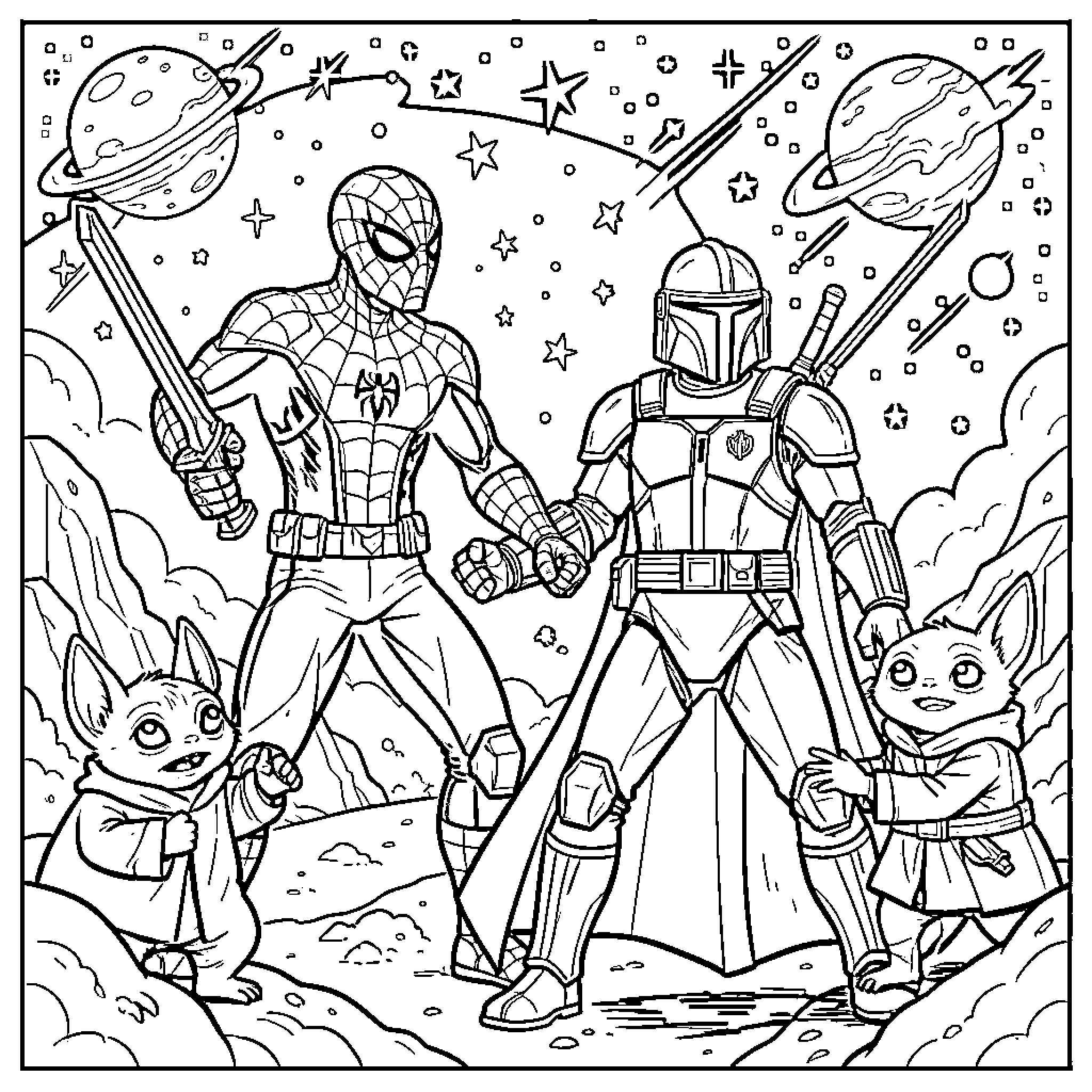 Spiderman and Mandalorian standing heroically among stars and planets Coloring Page (free black-and-white line drawing printable PDF for all, from beginners to advanced learners, including children, teens, adults, and seniors)